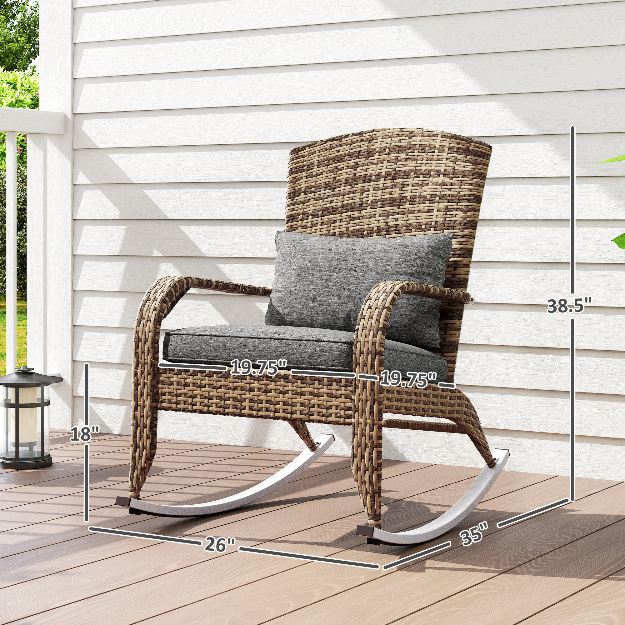 Adirondack Chair, Outdoor Wicker Rocking Chair with High Back, Seat Cushion, and Pillow for Porch, Balcony, Gray