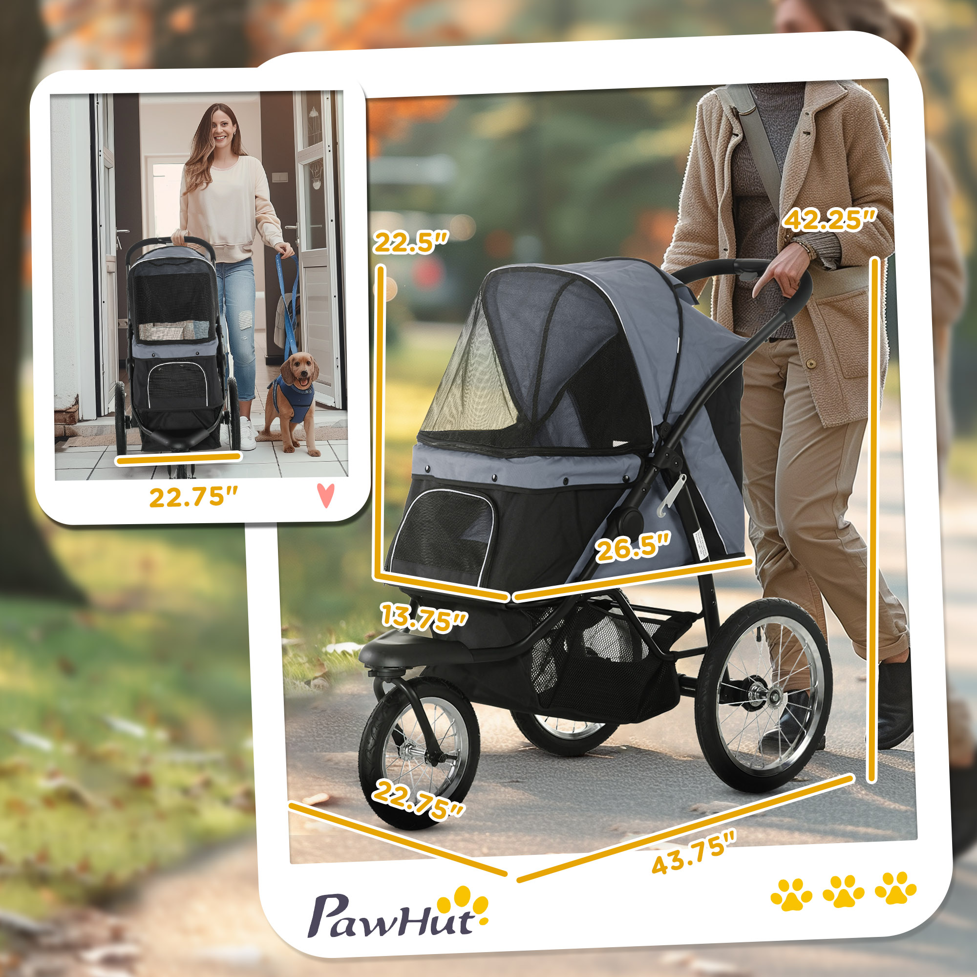  3 Wheels Pet Stroller for Small Dogs and Medium Dogs with Adjustable Canopy, Safety Tether, Storage Basket, Gray