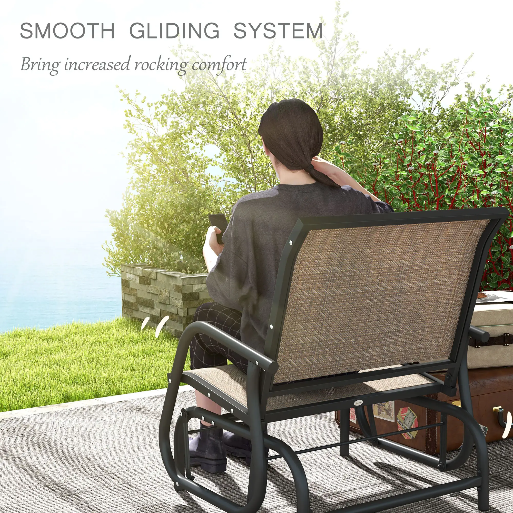 2 Pieces Outdoor Glider Chair, Steel Swing Chai with Curved Armrests for Porch, Garden, Poolside, Balcony, Mixed Brown