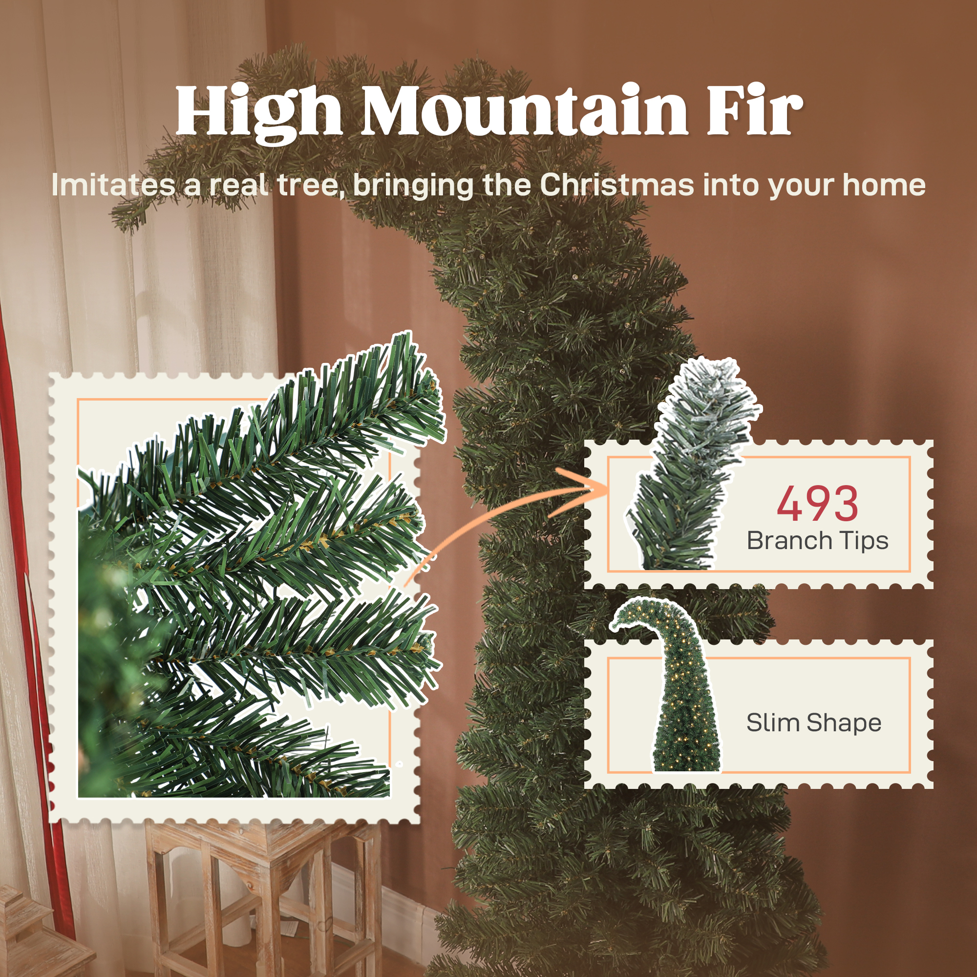  6 ft Prelit Christmas Tree, Whimsical Xmas Tree Slim High Mountain Fir with 200 LEDs and Metal Stand, Green