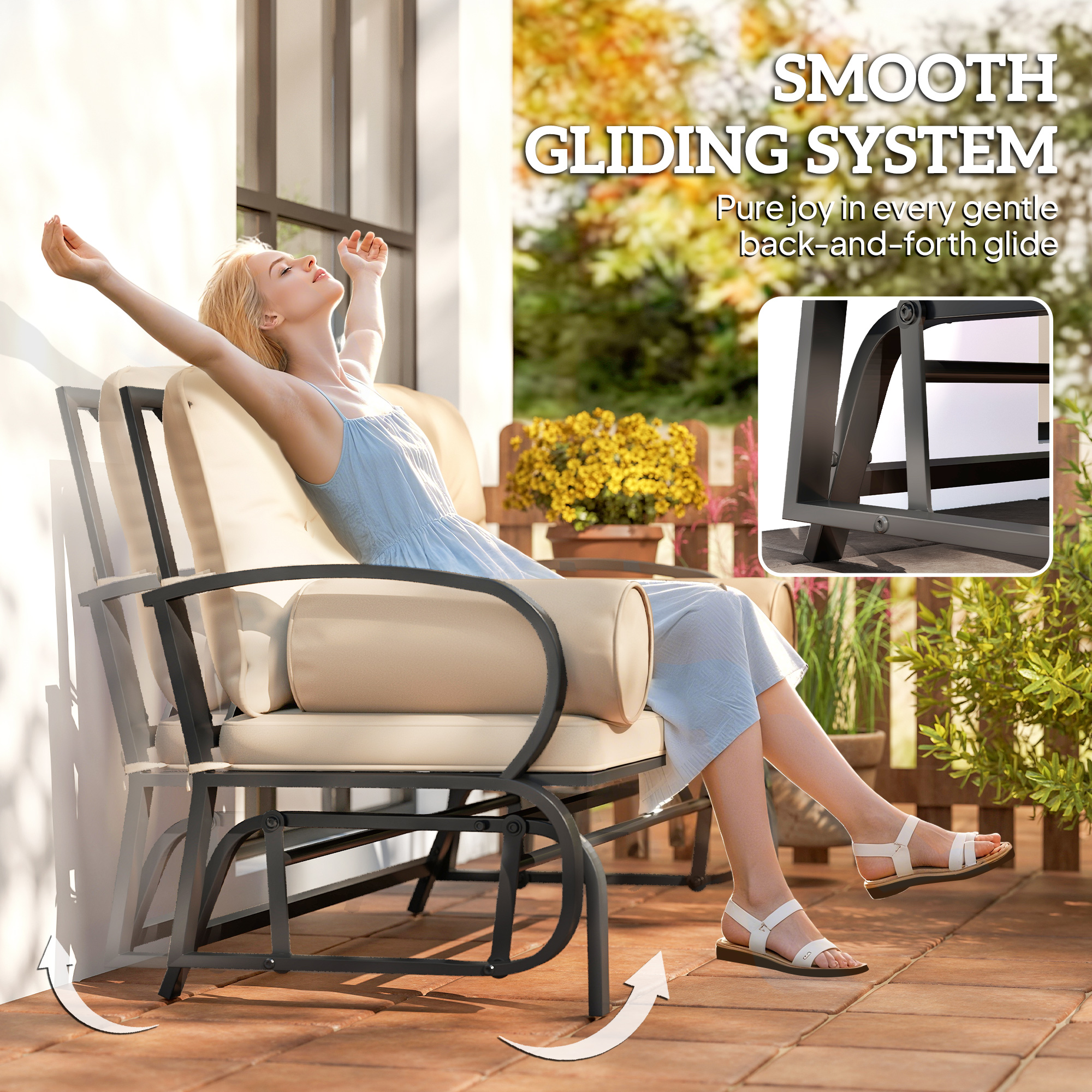  Swing Glider Rocking Chair, Double Patio Bench, 2 Person Loveseat with Steel Frame, Cushions, Pillow Armrests, Khaki