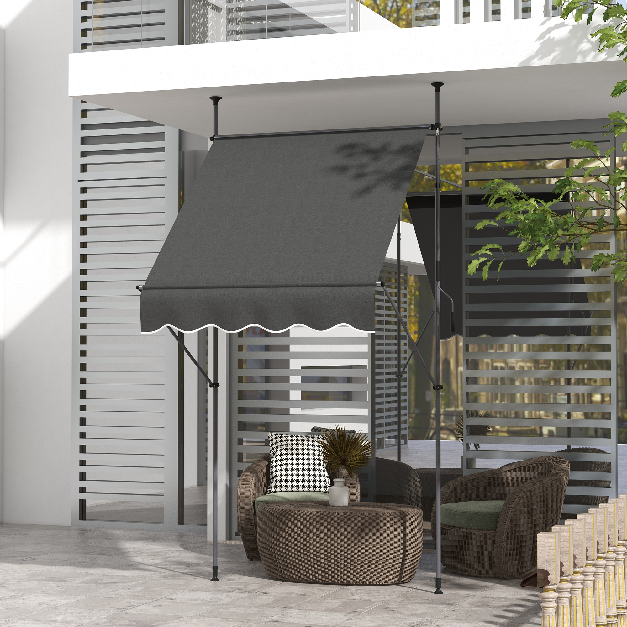 5 x 4 Manual Retractable Awning, Non-Screw Patio Awning, UV Resistant, for Window or Door, Dark Gray