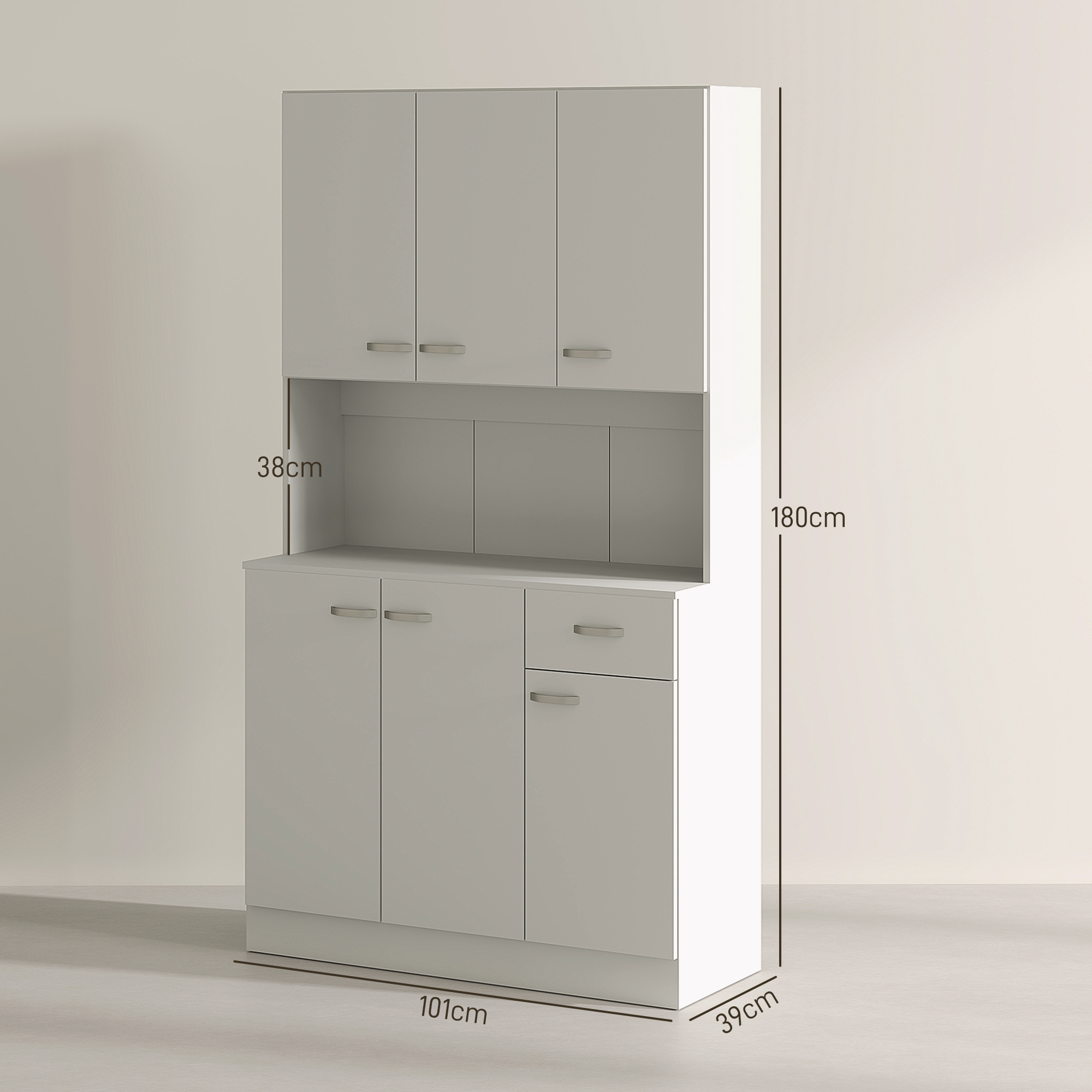 A tall white pantry cabinet with open hutch and generous storage