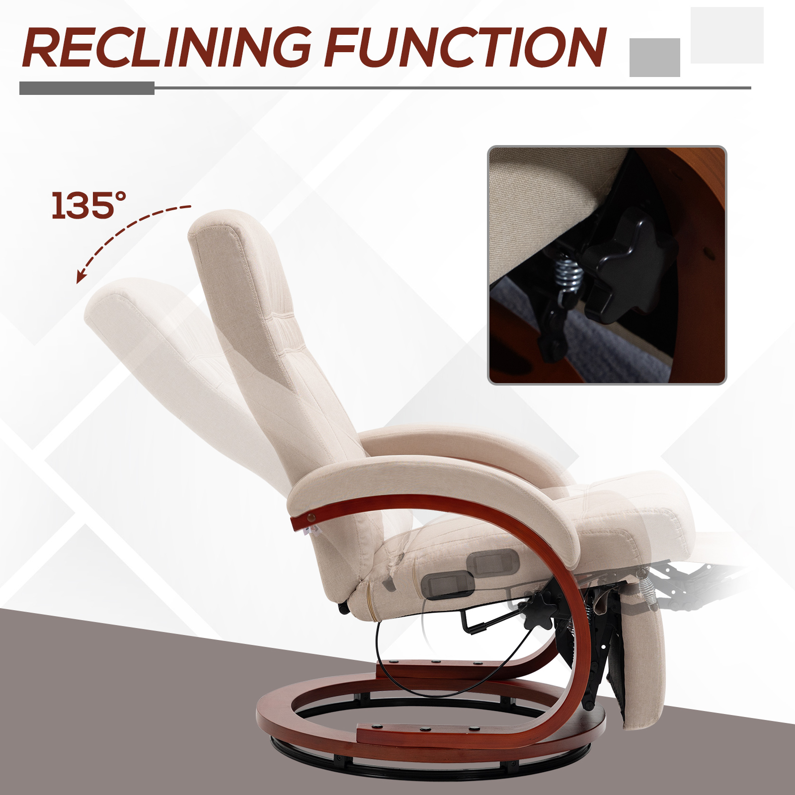 135Manual Reclining Swivel Chair, With Footrest - Beige — image 5