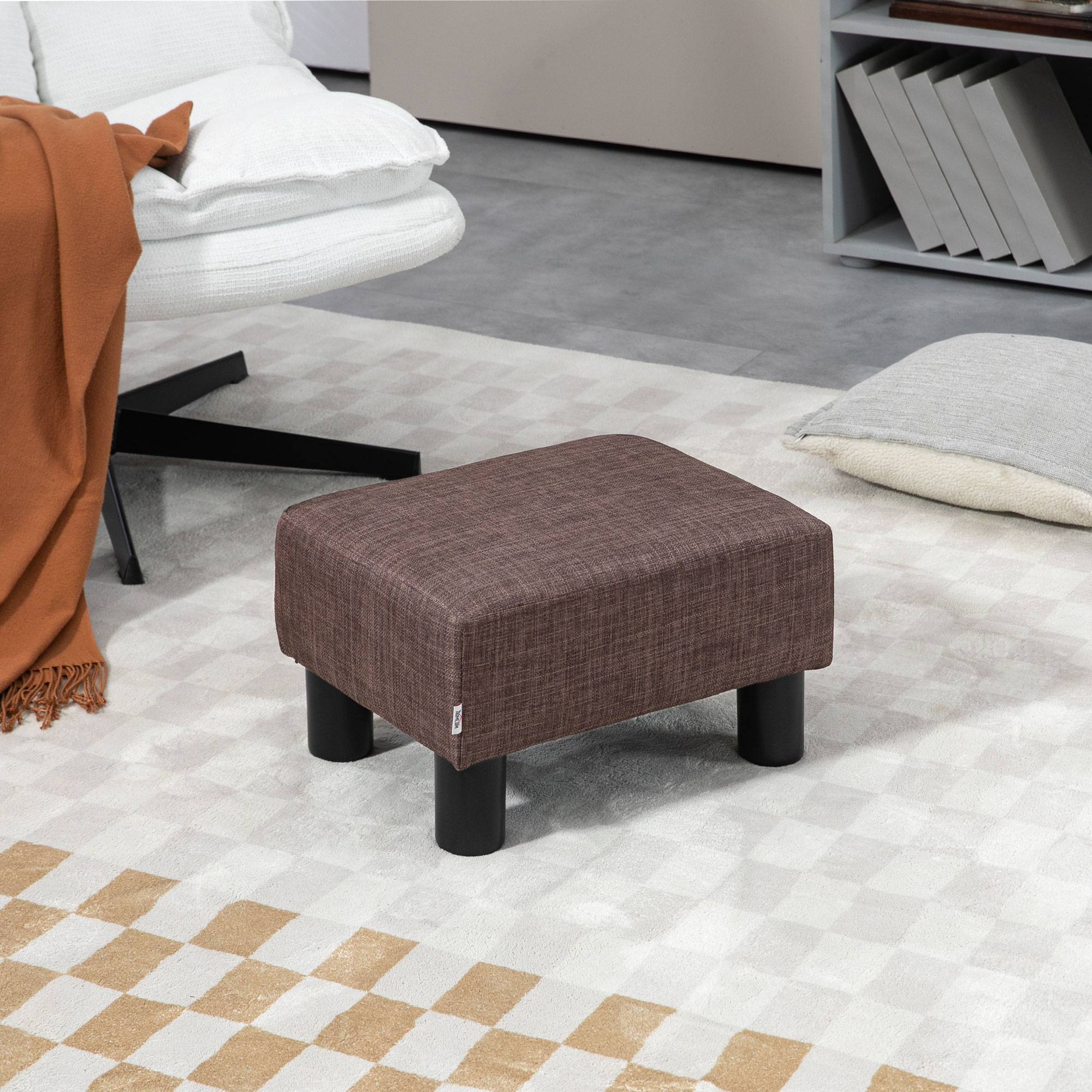Linen Fabric Footstool Ottoman Cube With 4 Plastic Legs, Brown