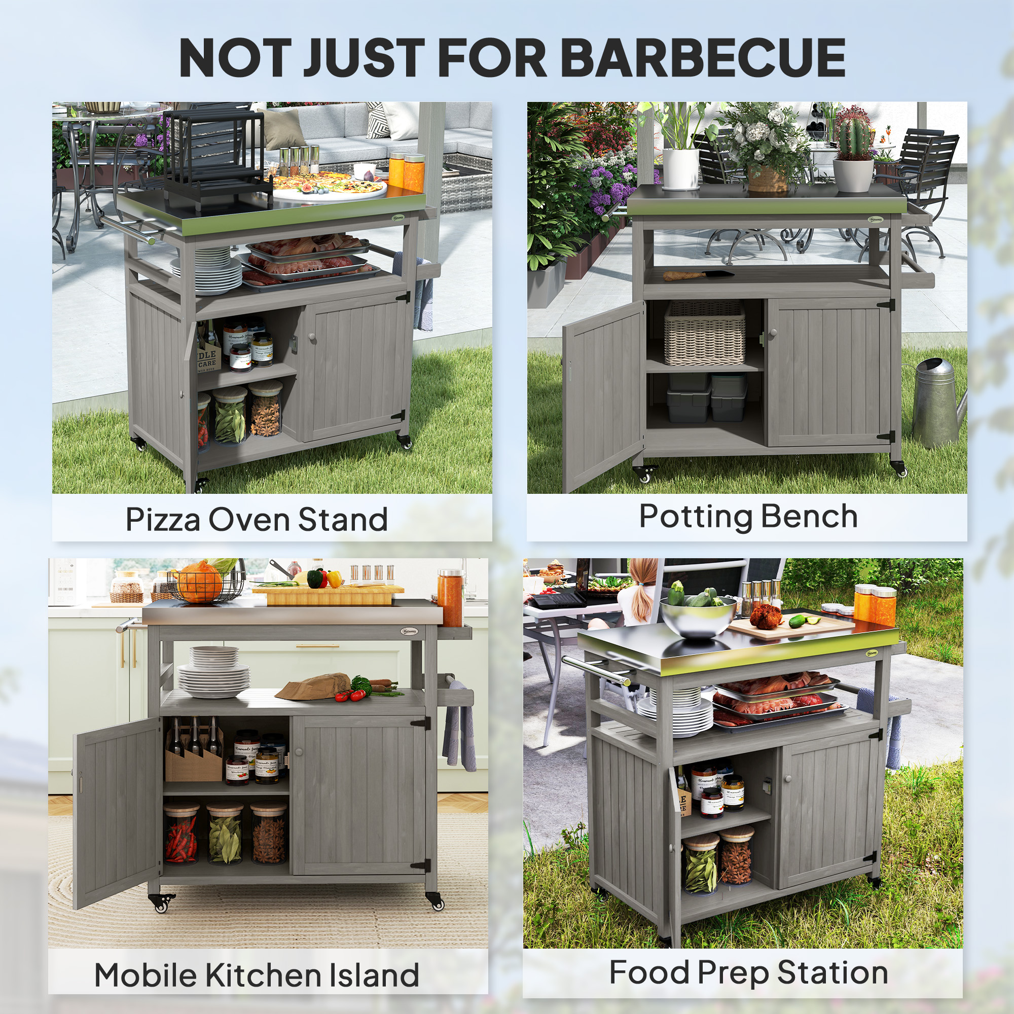 Outdoor Grill Cart w/ Stainless Steel Top, Solid Wood Outdoor Kitchen Island w/ Wheels, Storage Cabinets, Gray