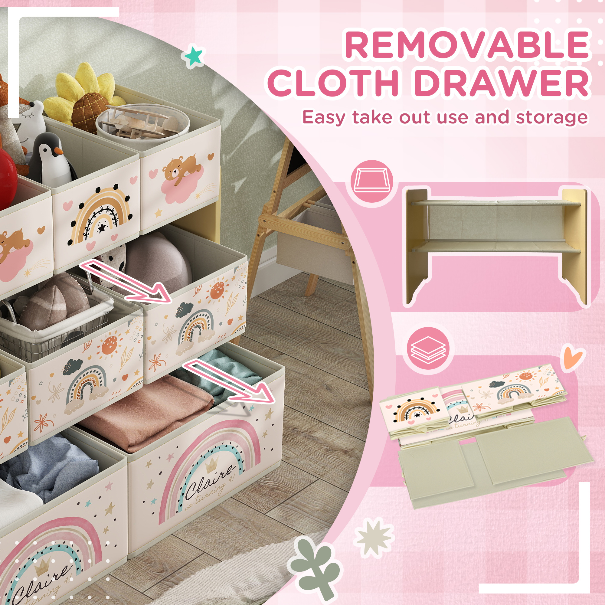 3-Tier Kids Storage Unit With 9 Non-Woven Fabric Boxes For Toys, Books — image 4