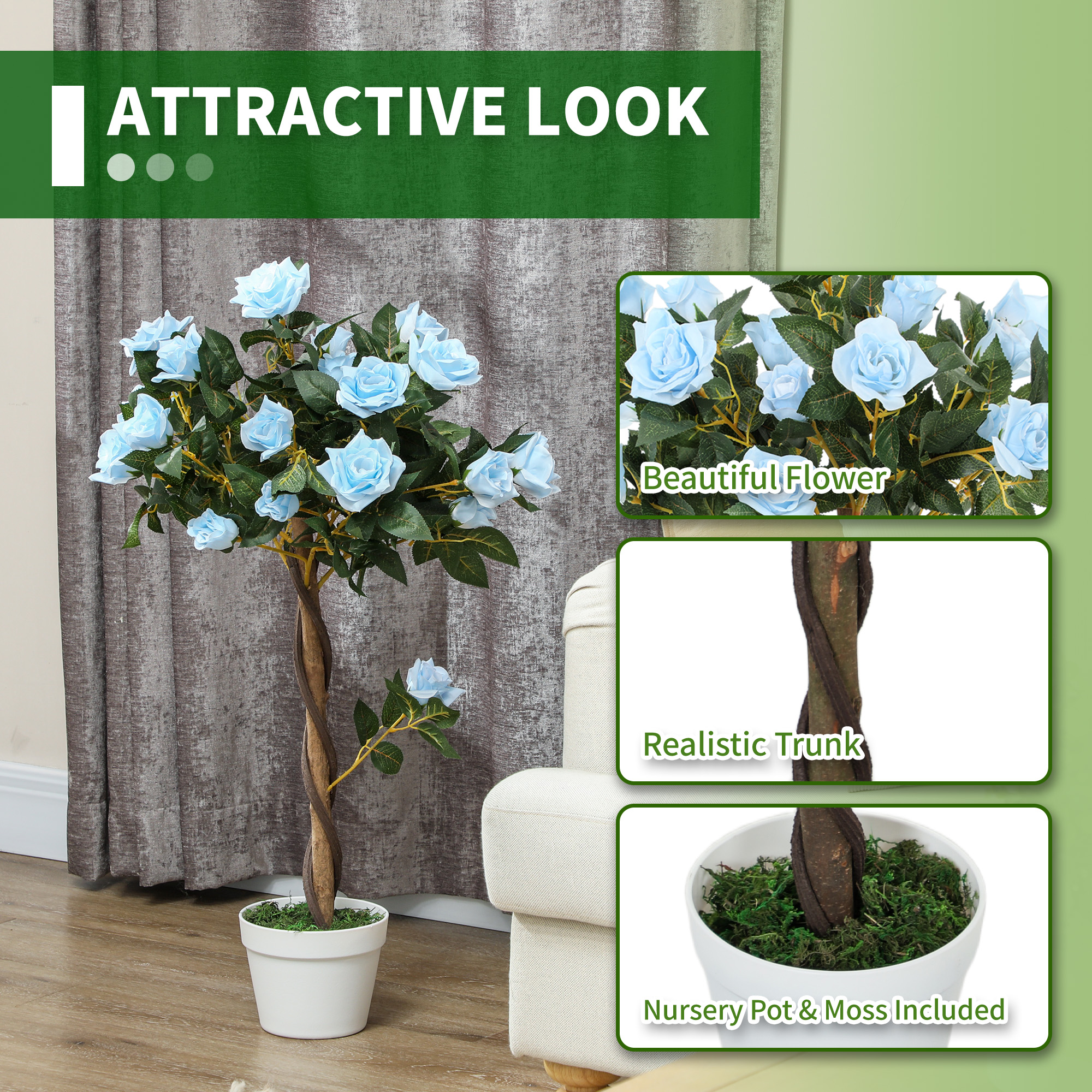 Set Of 2 Artificial Plants White Rose Floral In Pot, Fake For Home Indoor