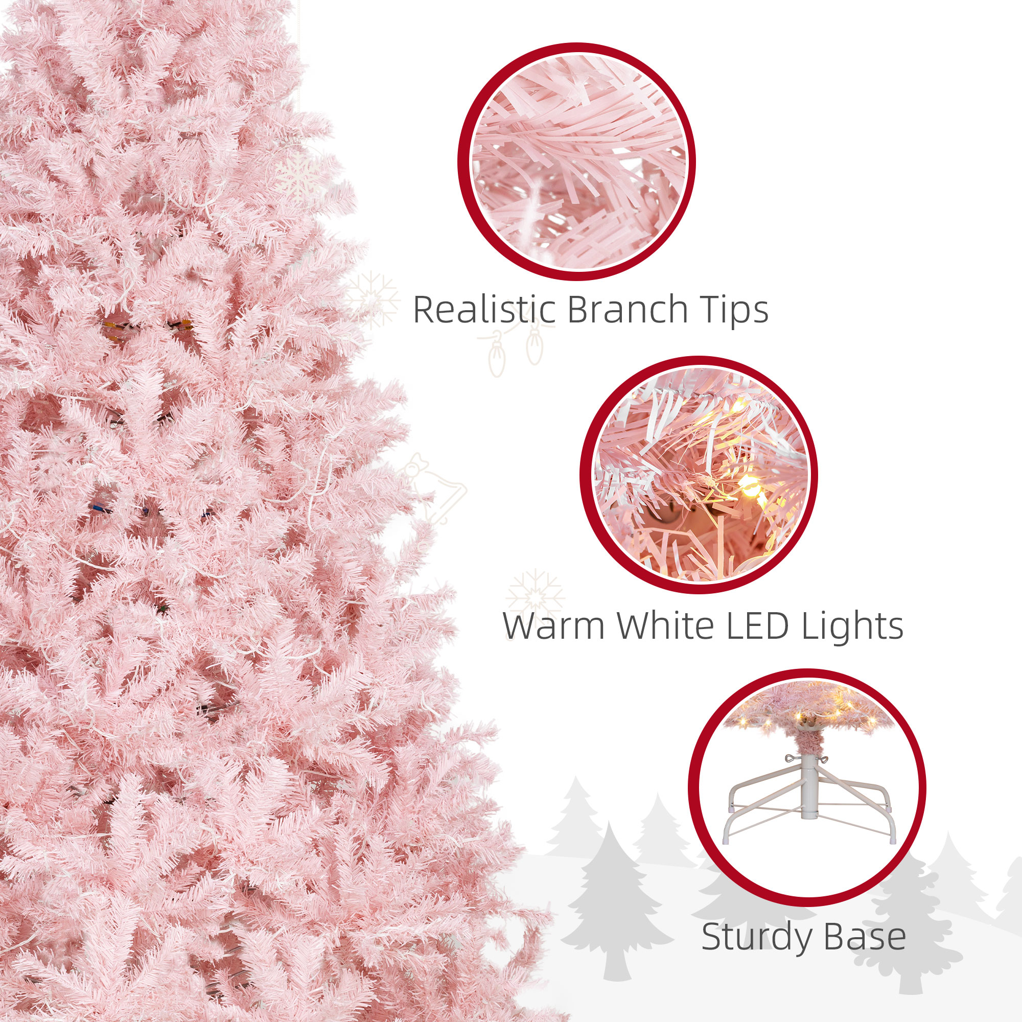  7.5 FT Tall PreLit Artificial Christmas Tree with Realistic Branches, 500 Warm White LED Lights and 1346 Tips, Pink