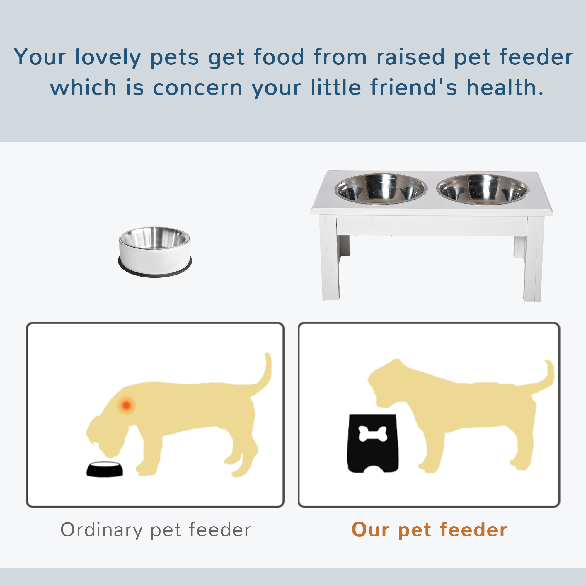  6" Height Small Puppy Dog Feeding Station for Messy Pets, Stainless Steel Elevated Dog Bowls with Modern Wooden Frame, Dog Food Stand Pet Feeding Station, White