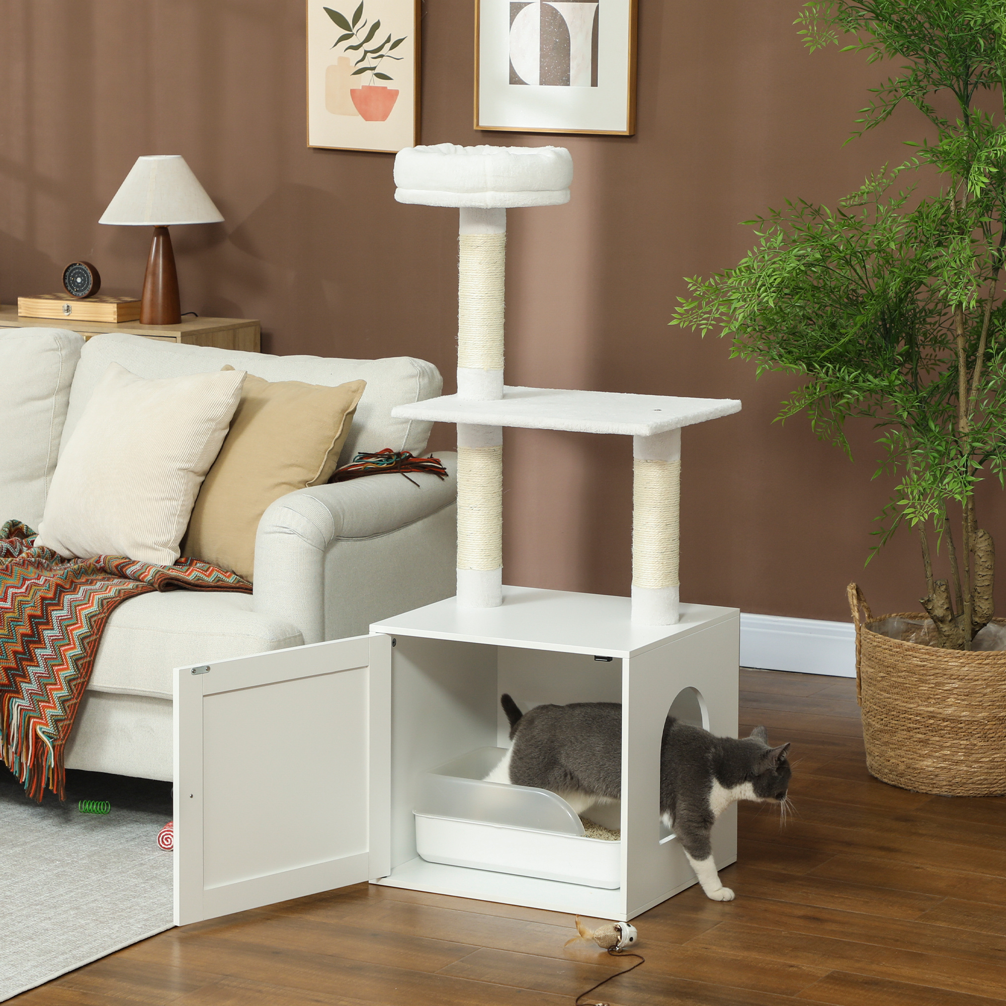  Cat Tree with Litter Box Enclosure, Scratching Posts, Bed, Climbing Platforms for Indoor Cats, White