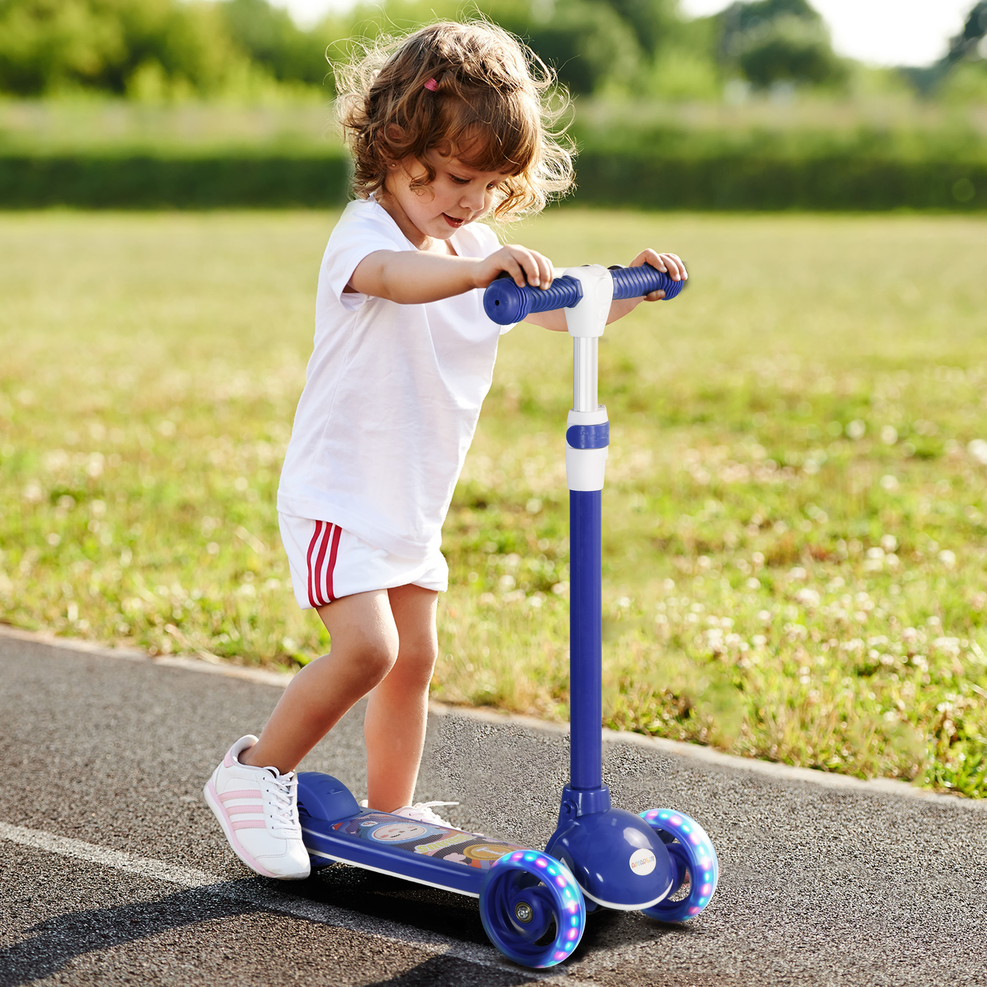 Kids 3 Wheel Scooter For 2-6 Years Old W Adjustable Height, LED Light, TPE