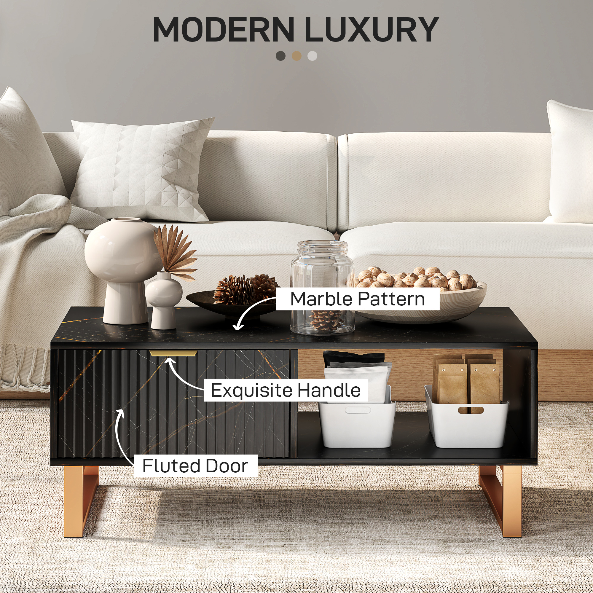 Elegant Marble Effect Storage Coffee Table - Black — image 4