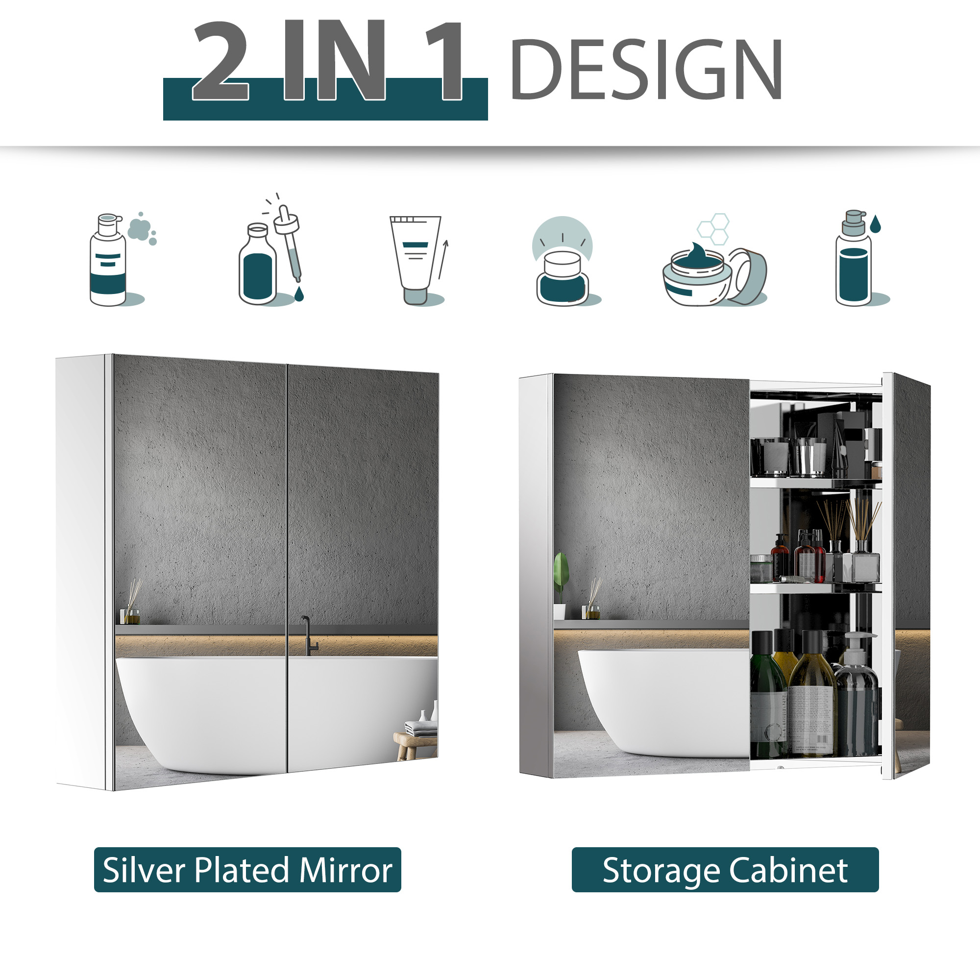 Bathroom Mirror Cabinet, Stainless Steel Wall Mounted Storage With Double