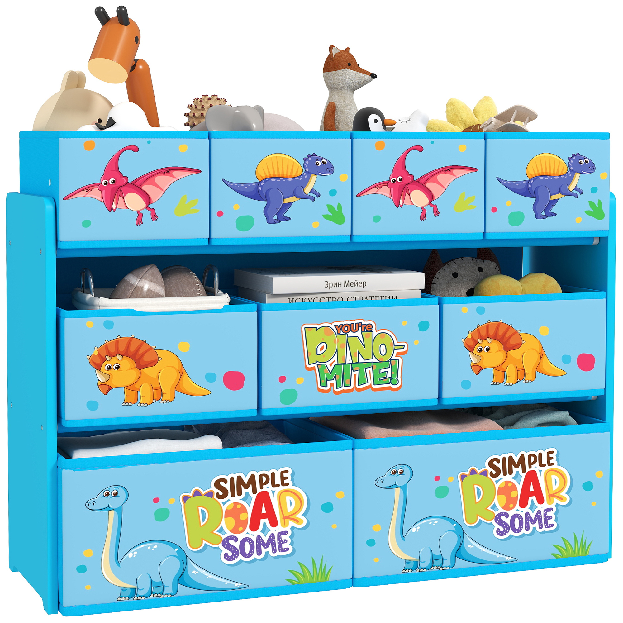 3-Tier Kids Storage Unit With 9 Non-Woven Fabric Boxes For Toys, Books, For Bedroom, Nursery, Blue - Image 1