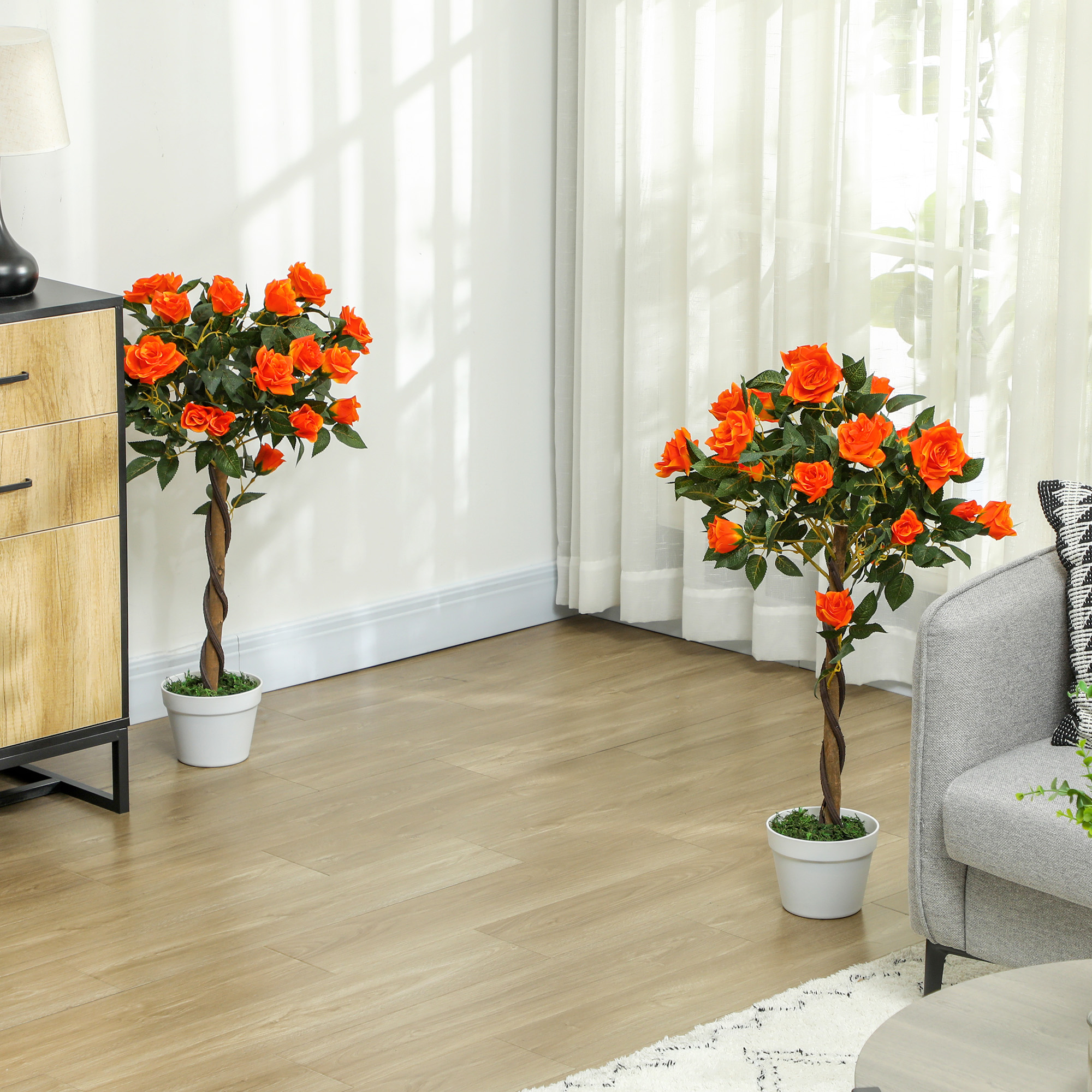 Set Of 2 Artificial Plants White Rose Floral In Pot, Fake For Home Indoor — image 2