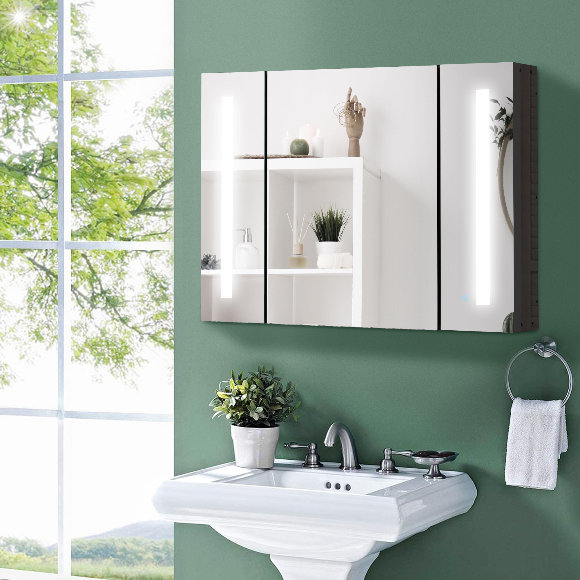  LED Lighted Medicine Cabinet with Mirror, 35.5"W x 25.5"H Wall Mounted Bathroom Cabinet with 3 Cupboards, Memory Function, USB Charge, High Gloss Black