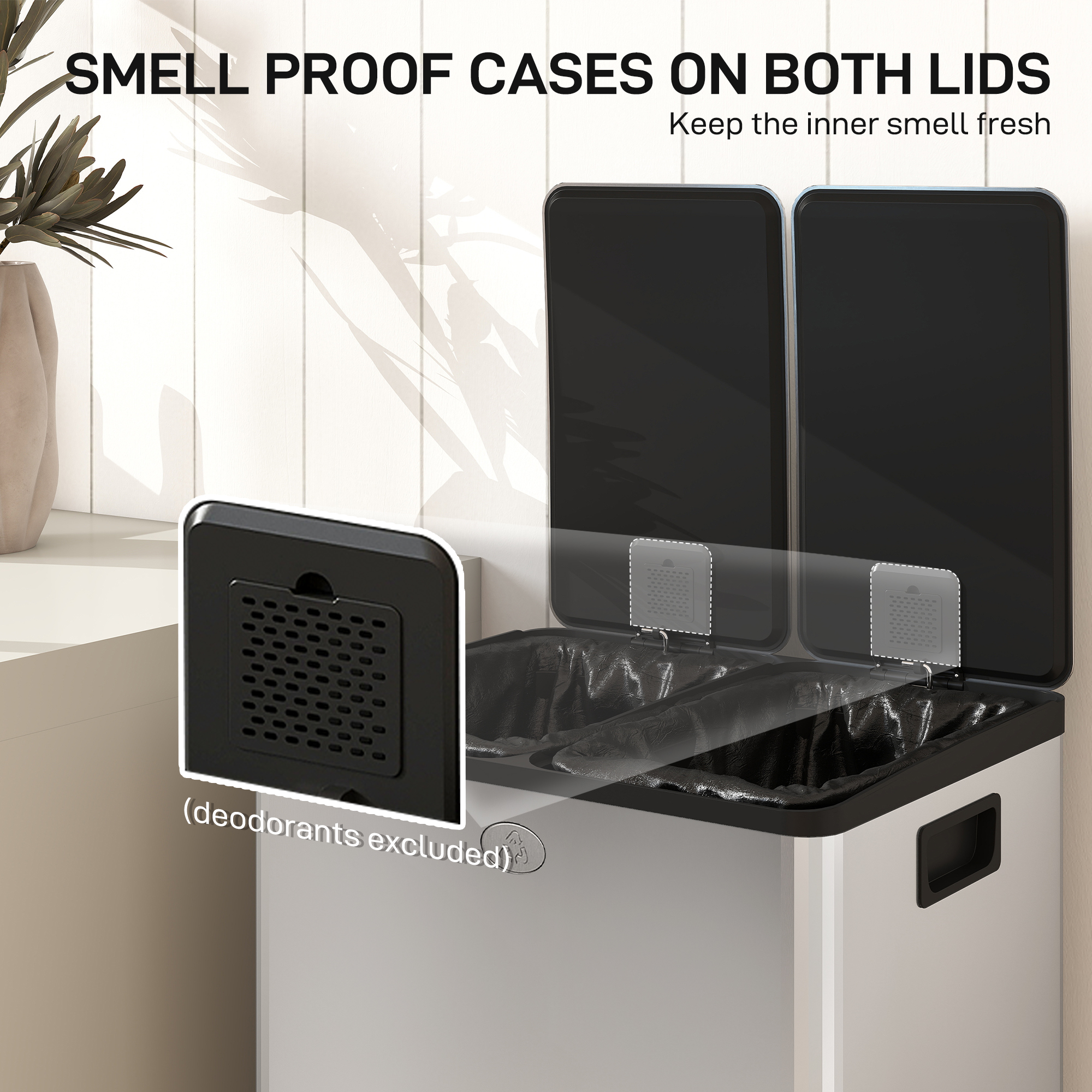 56L Dual Compartment Stainless Steel Bin, With Deodoriser Holders - Silver Tone — image 5