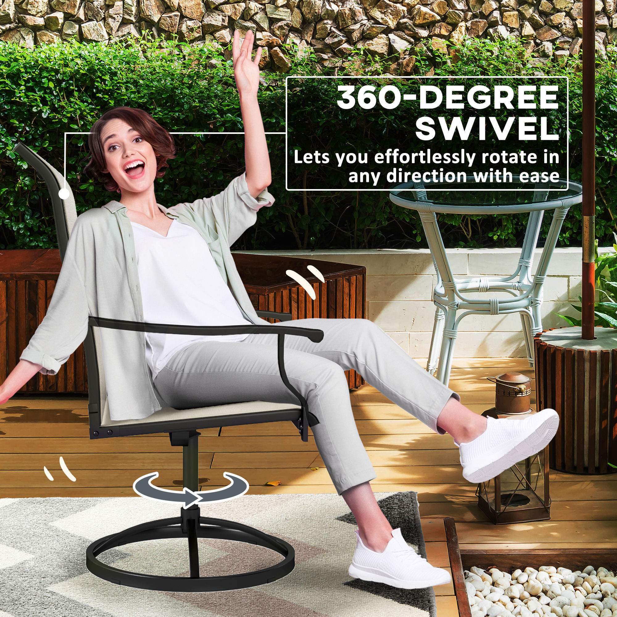 Patio Swivel Chairs Set of 2, High Back Patio Dining Chairs with All-Weather Mesh for Backyard, Lawn, Garden, Beige - 4