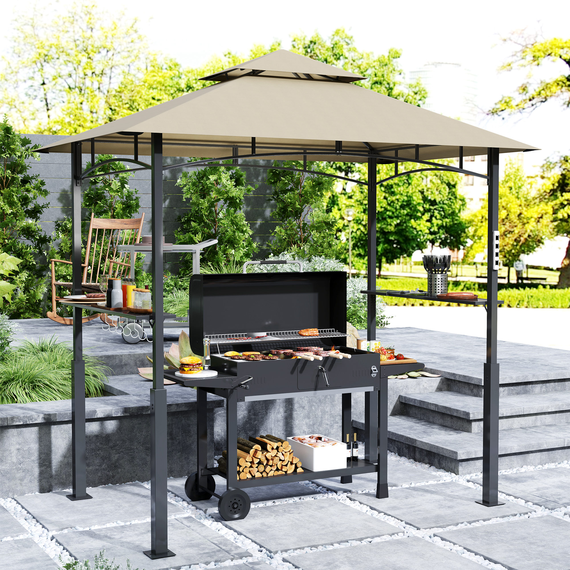 8 x 5 Outdoor Grill Gazebo, Barbecue Gazebo Shelter with LED Light, 2 Side Shelves, Hooks, Bottle Opener, Khaki