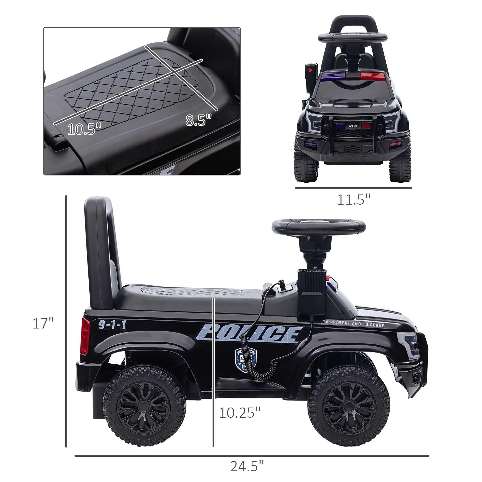 Kids Push Ride On Car with Working PA System and Horn, Police Truck Style  Foot-to-Floor Sliding Car for Boys and Girls with Under-Seat Storage, for 18 Months t