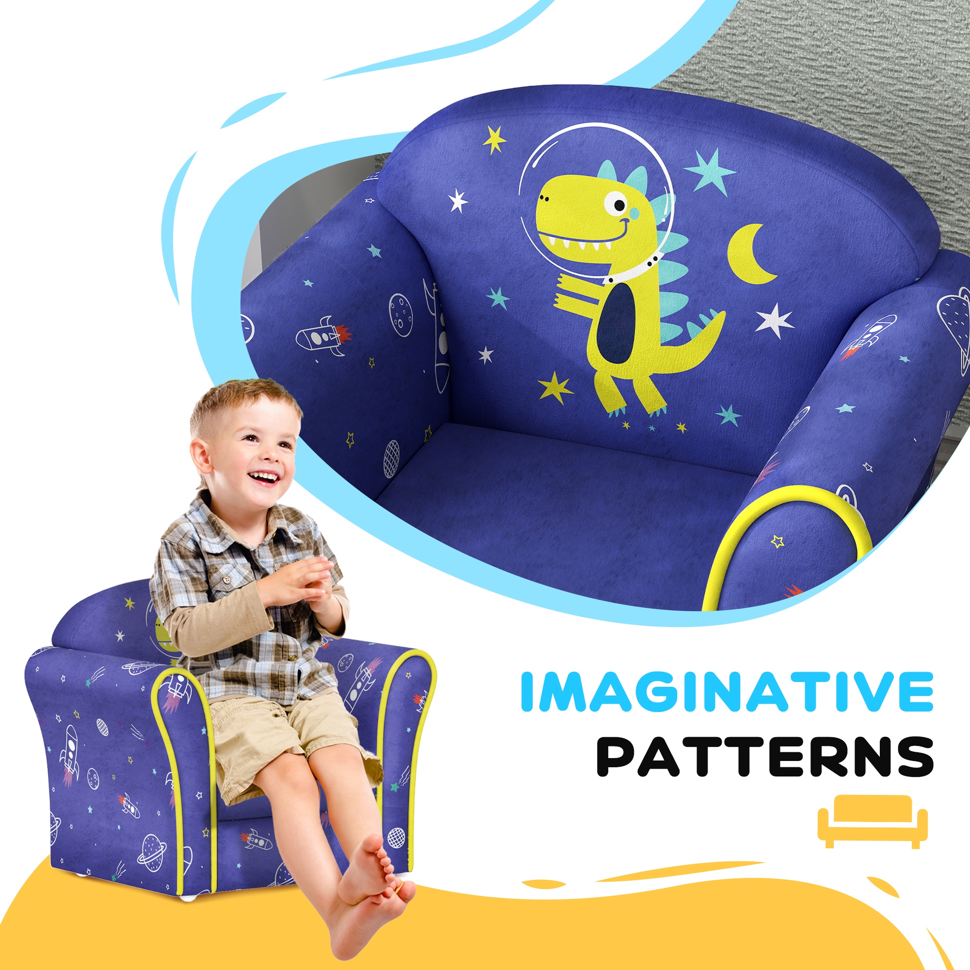 Kids Armchair With Planet Dinosaurs Design, Wooden Frame, For Bedroom — image 3