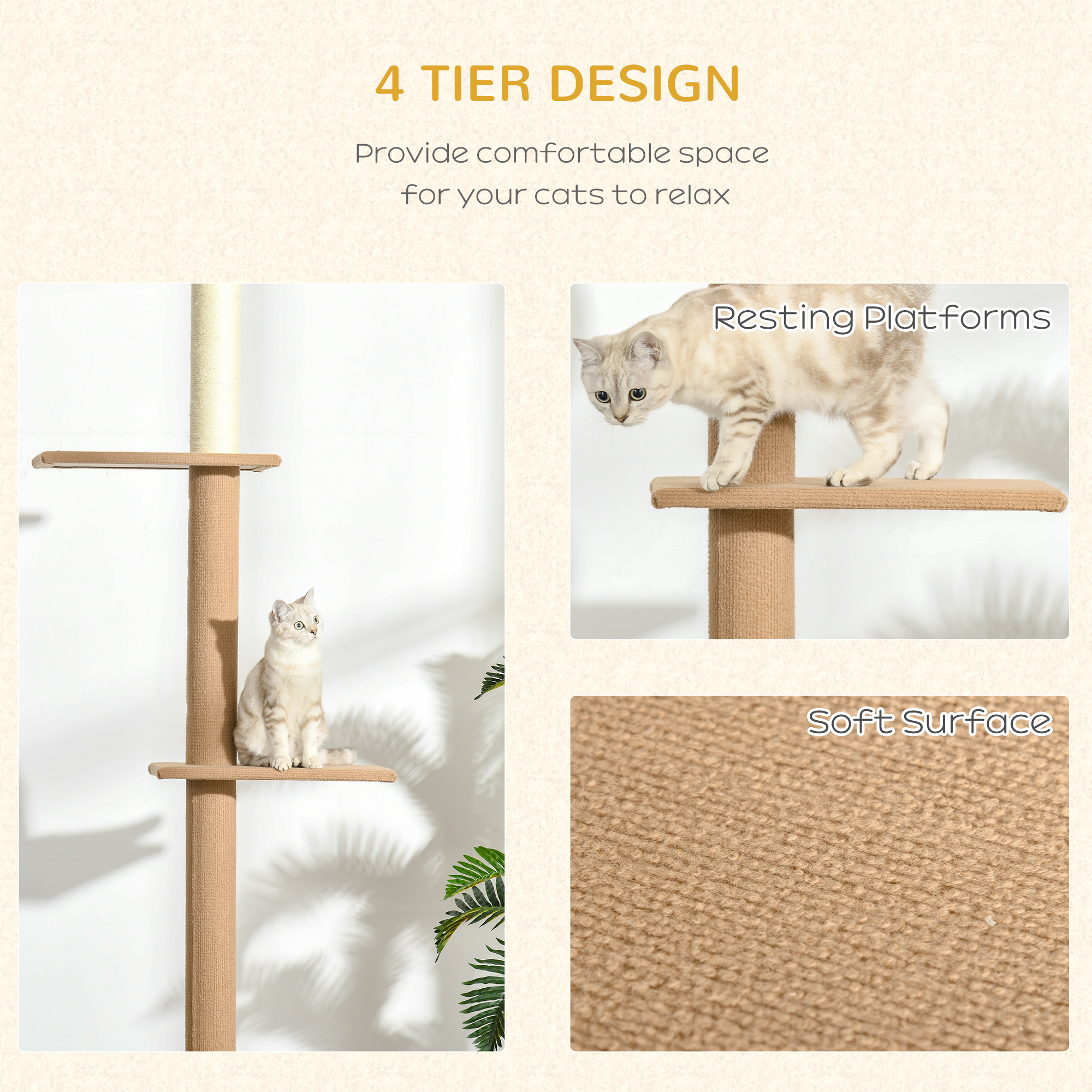  Floor-to-Ceiling Cat Tree Cat Climbing Tower with Sisal-Covered Scratching Posts Natural Cat Tree Activity Center for Kittens Cat Tower Furniture, Light brown