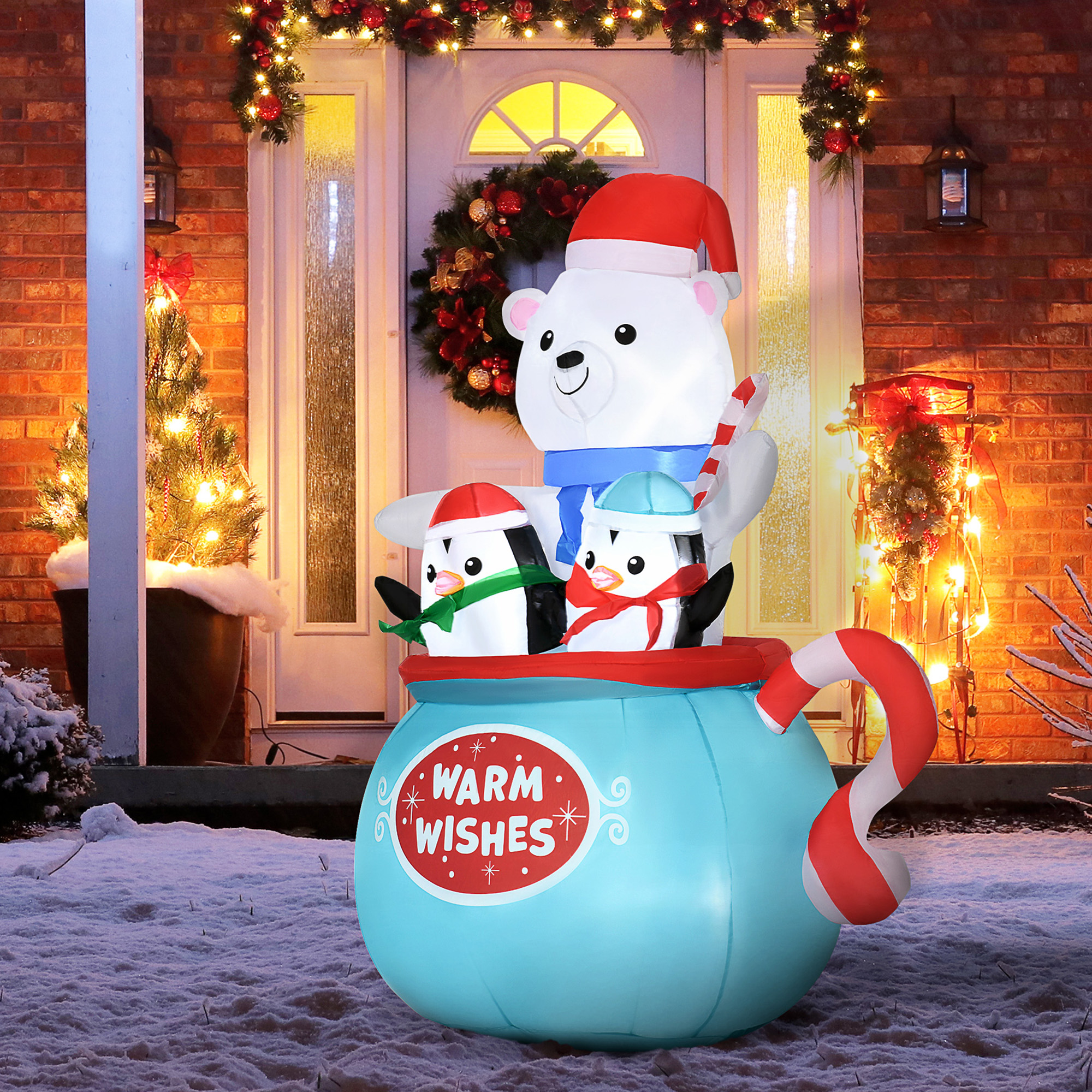  5ft Christmas Inflatables Outdoor Decorations Blessed Polar Bear and Penguins in the Cup, Blow-Up LED Yard Christmas Decor for Garden, Lawn, Party, Holiday