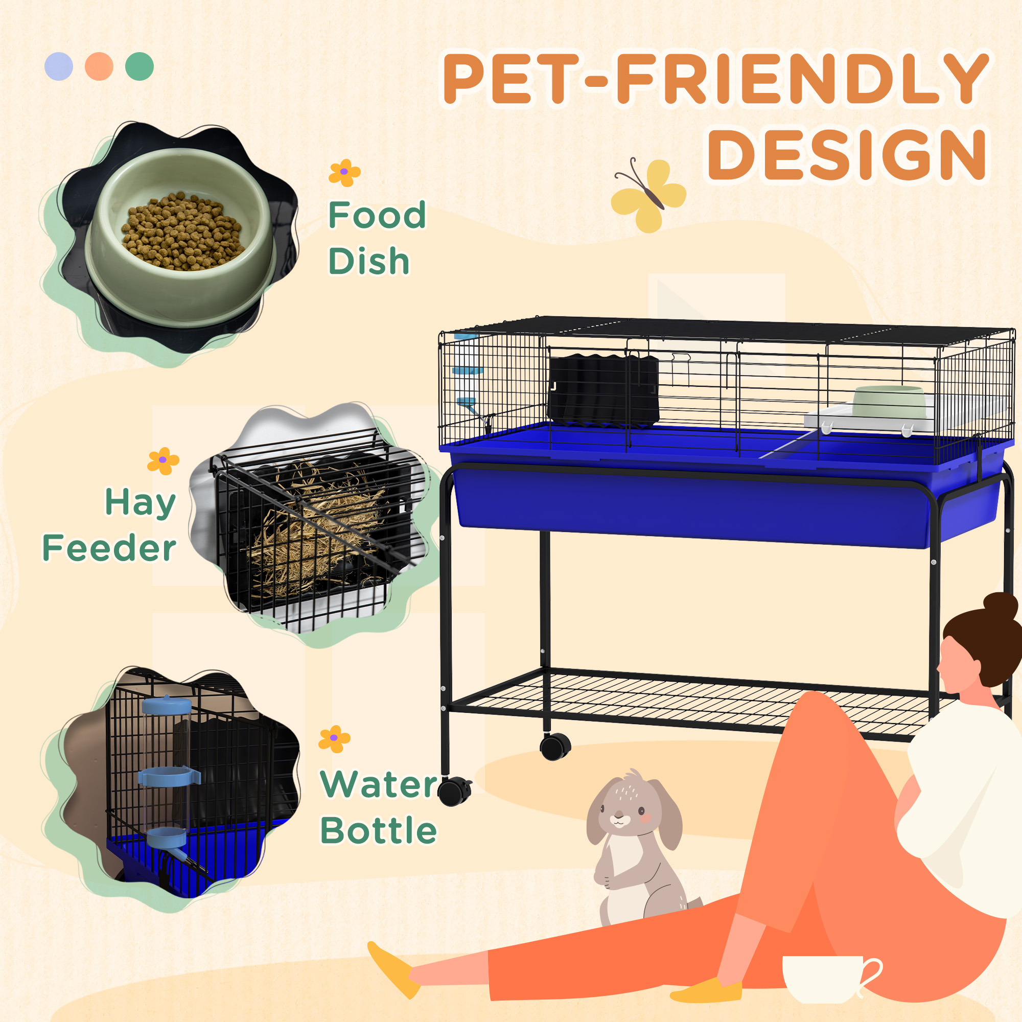  Two-Story Small Animal Cage Removable from Stand, Pet Habitat with Shelf & Wheels, 39" x 20.5" x 36.5", Blue