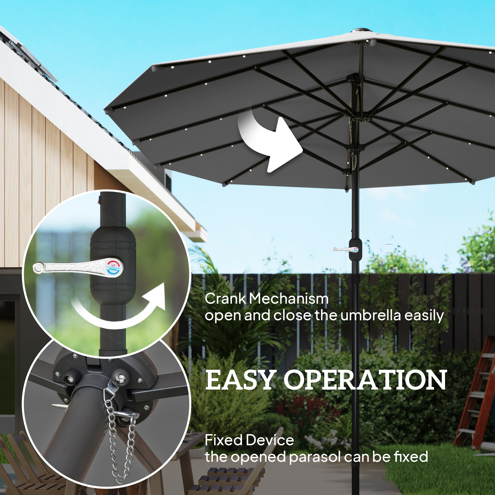 Garden Parasol 14.4ft Double-Sided Sun Umbrella with Base, Patio Parasol with LED Solar Lights, Gray