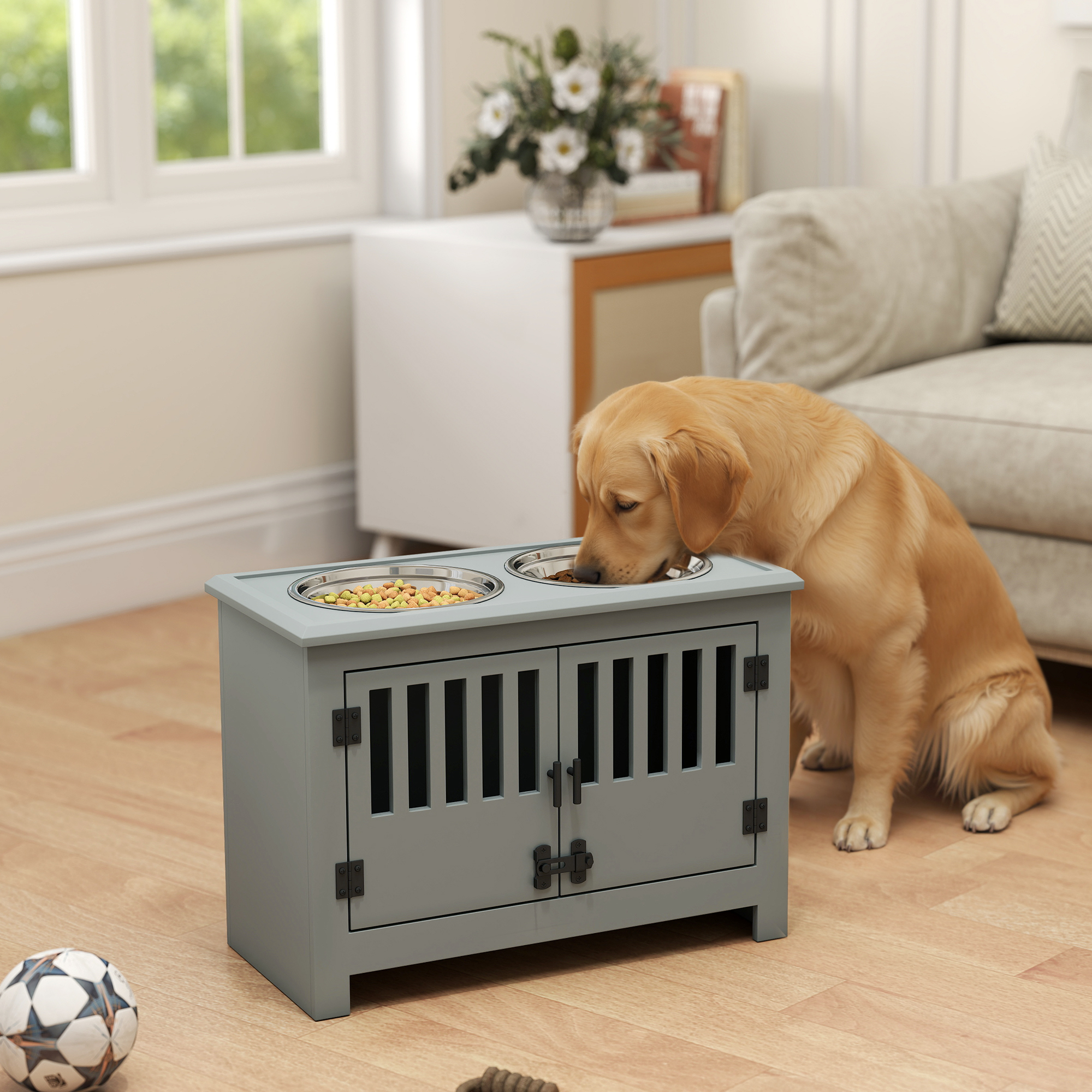  Dog Food Storage Cabinet with Bowls & Dog Feeding Station, Gray