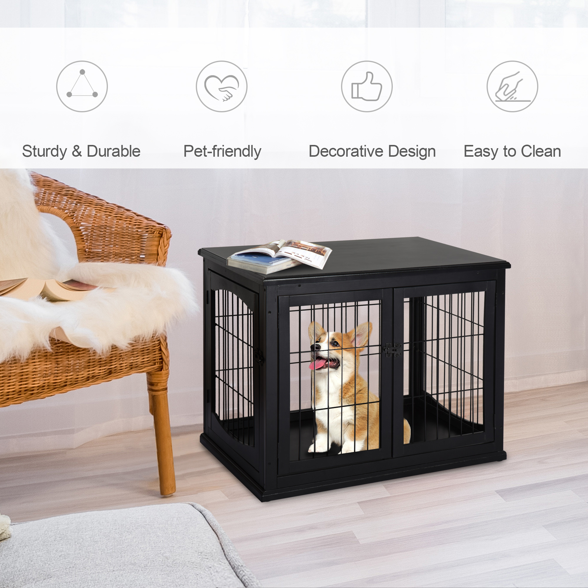  Dog Crate Furniture, 32" Small Dog Cage End Table with 2 Doors, Lockable Door, Puppy Kennel Indoor, Black