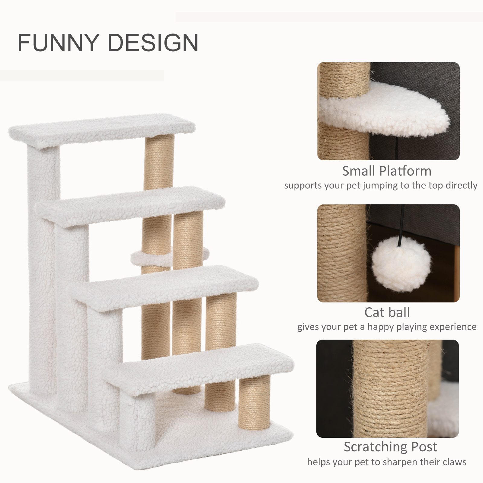  4 Levels Cat Steps with Scratching Posts for High Bed, Sofa, White