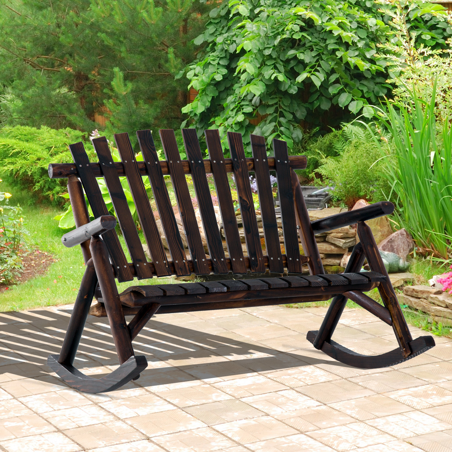 Outdoor Wooden Rocking Chair, Double-Person Rustic Adirondack Rocker with Slatted Seat, High Backrest, Armrests for Patio, Garden and Porch, Carbonized