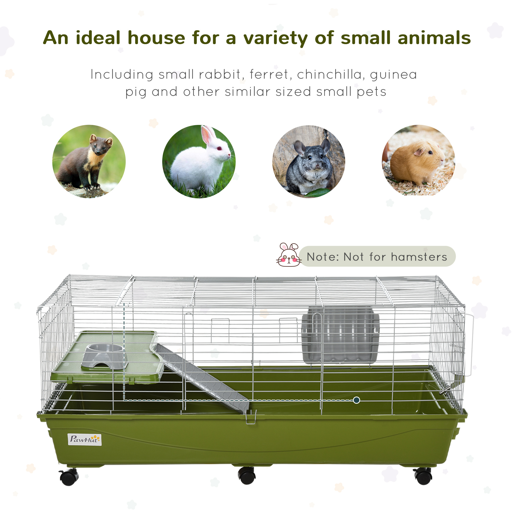  47" Small Animal Cage Chinchilla Guinea Pig Hutch Pet House with Platform Ramp, Food Dish, Wheels, & Water Bottle