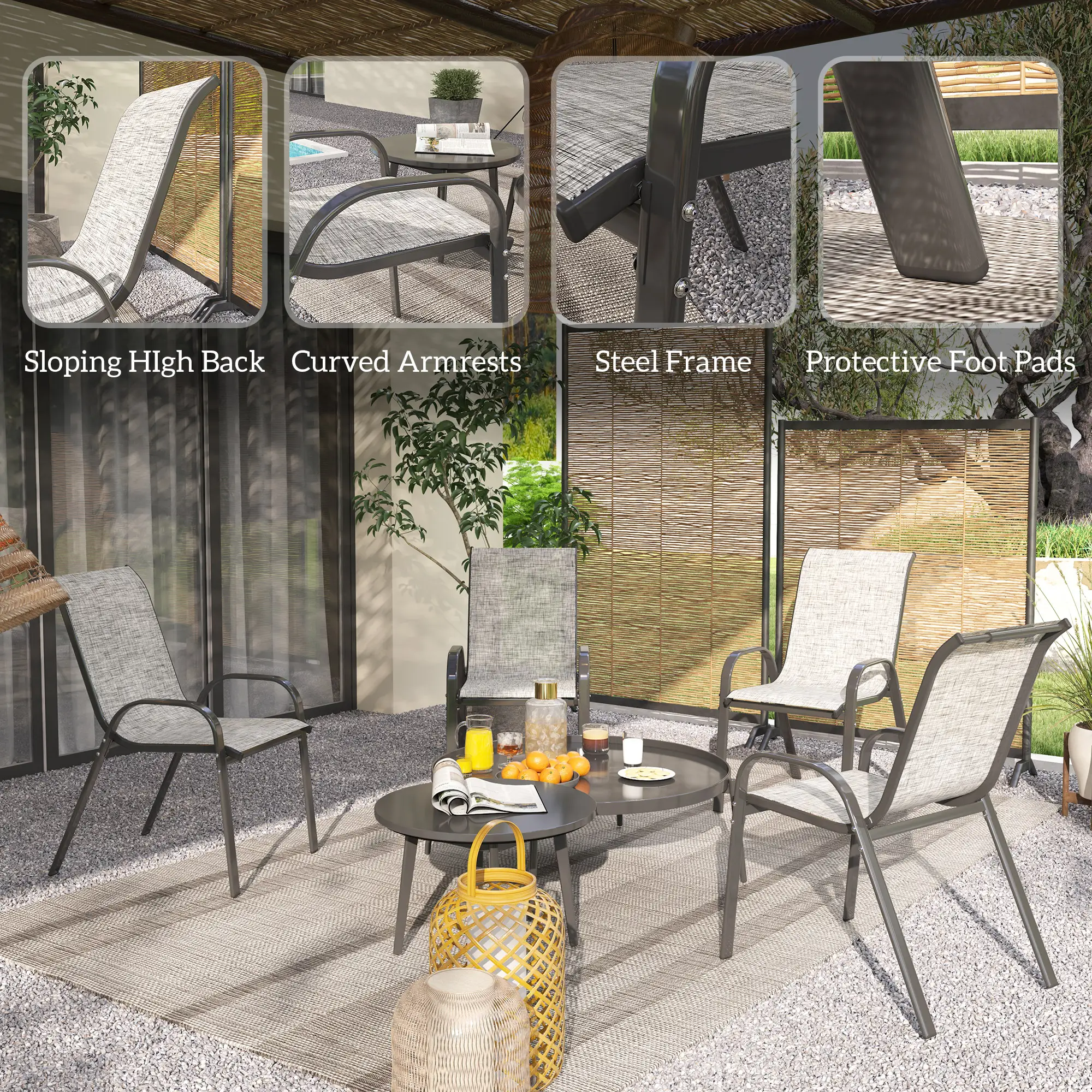 Set of 4 Outdoor Dining Chairs, Stackable Patio Chairs with High Back, Breathable Mesh Seat for Garden Lawn, Mixed Gray