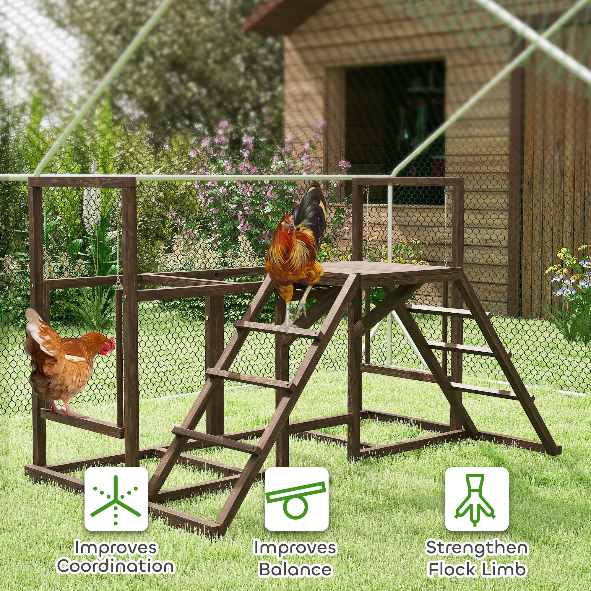  Chicken Activity Play Set with Multiple Chicken Perches, Swing, Ladder, Platform for 3-4 Chickens, Coffee
