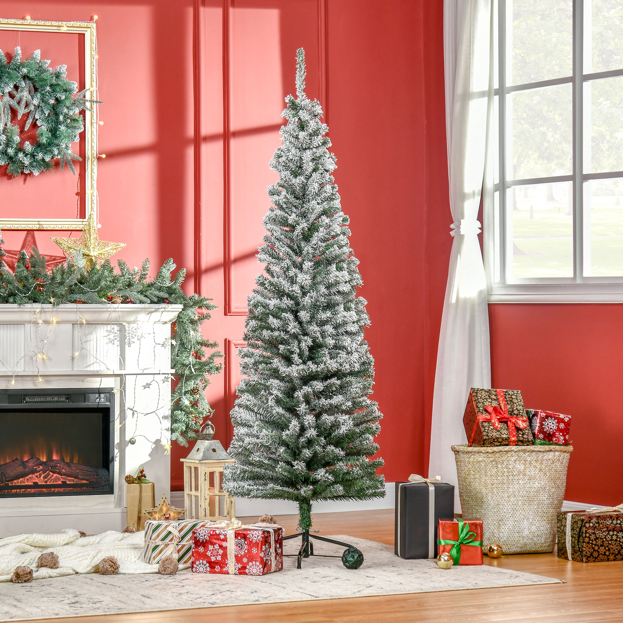 HOMOM 6ft Flocked Christmas Tree, Pencil Artificial Xmas Tree with Faux Snow, Dense Branches, Foldable Metal Base for Indoor Holiday Decor