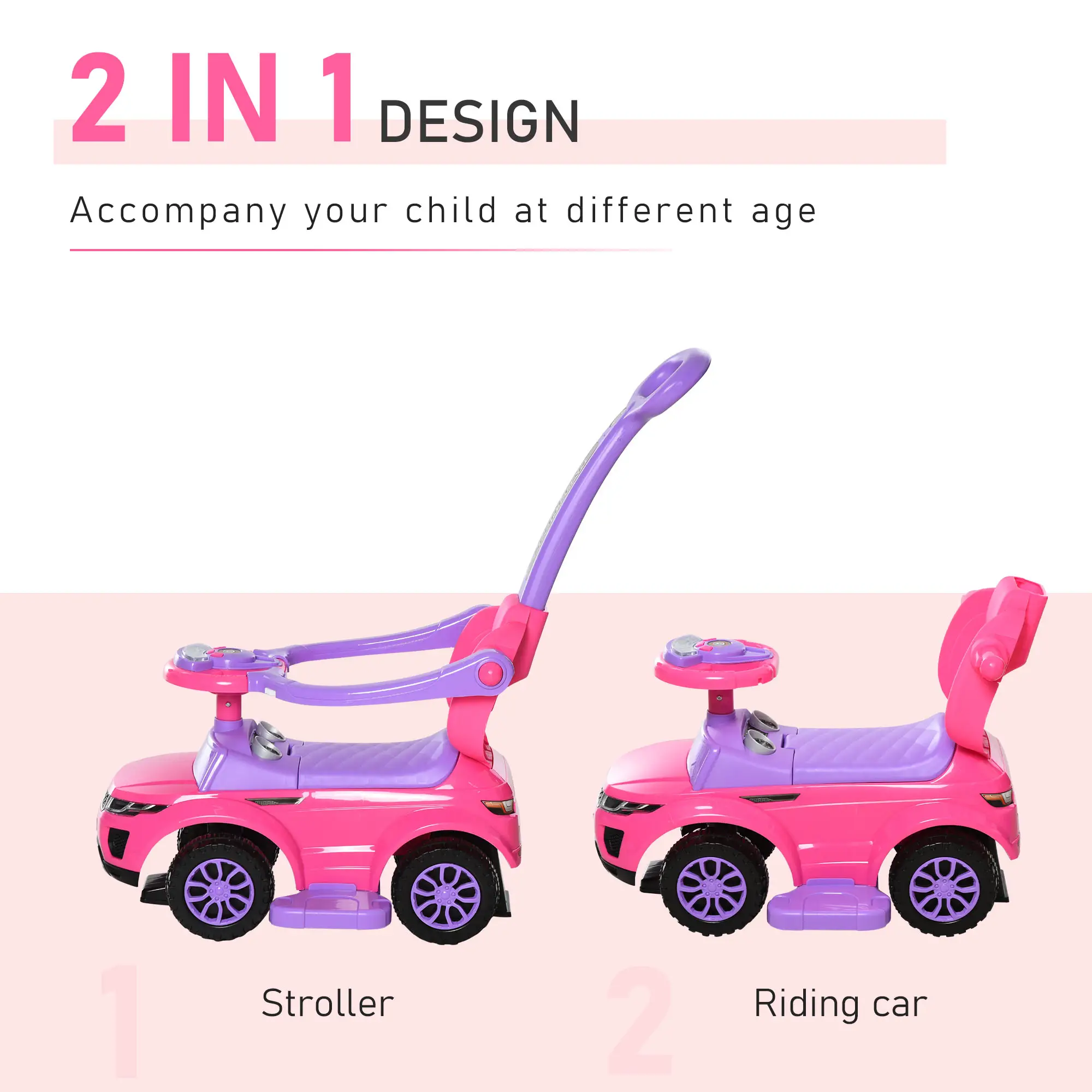 3 In 1 Push Cars for Toddlers Kid Ride on Push Car Stroller Sliding Car with Horn Music Light Function Secure Bar Ride on Toy for Boy Girl 18-36 Months, Pink