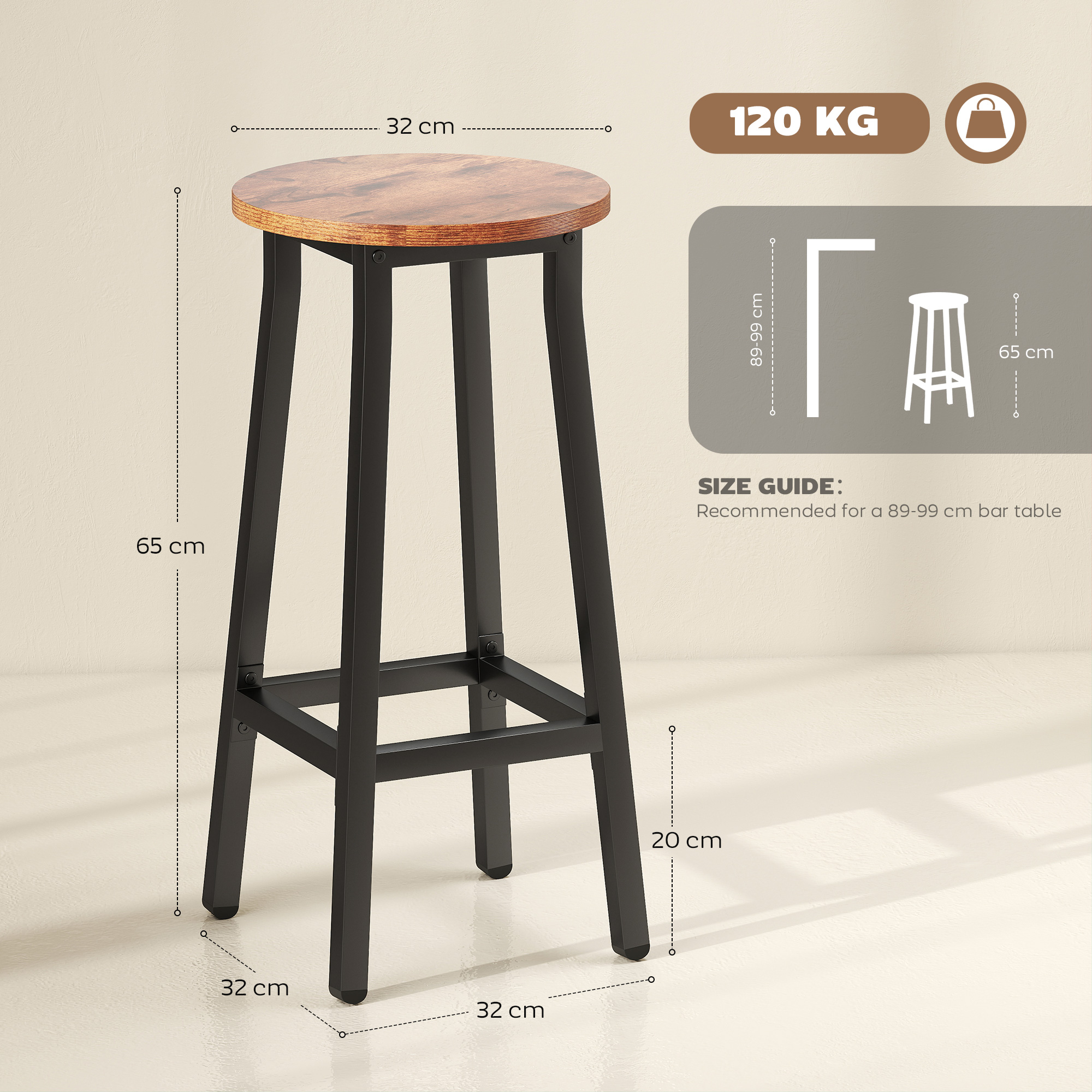 Bar Stools Set Of 2 Breakfast With Footrest, Industrial Round, 32 X 32 X 65 Cm — image 5