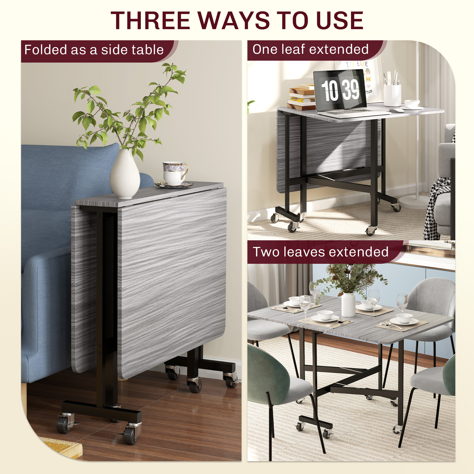 Six-Seater Drop-Leaf Dining Table, With Wheels - Grey Wood-Effect — image 3