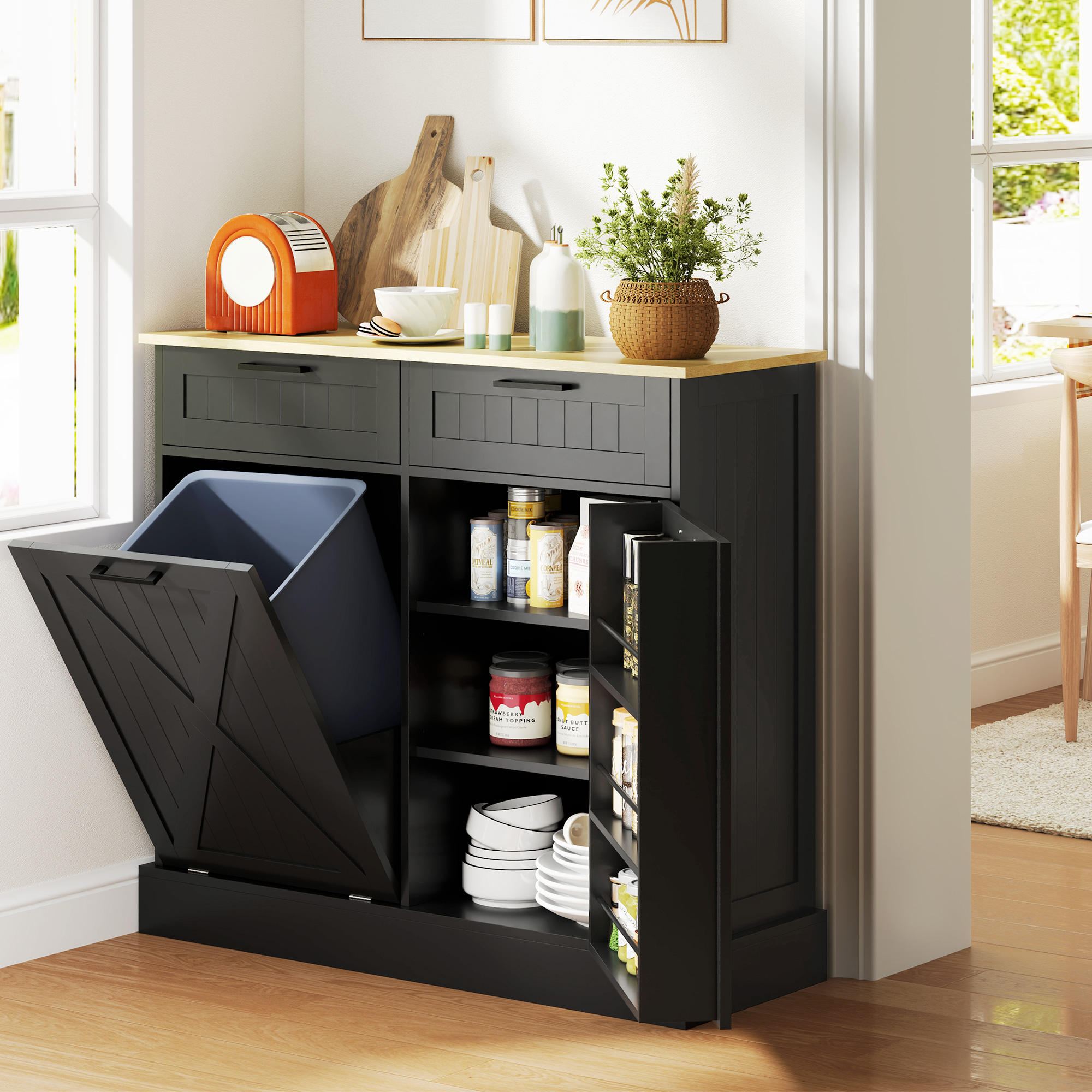 10 Gallon Farmhouse Kitchen Cabinet with Hidden Trash Can