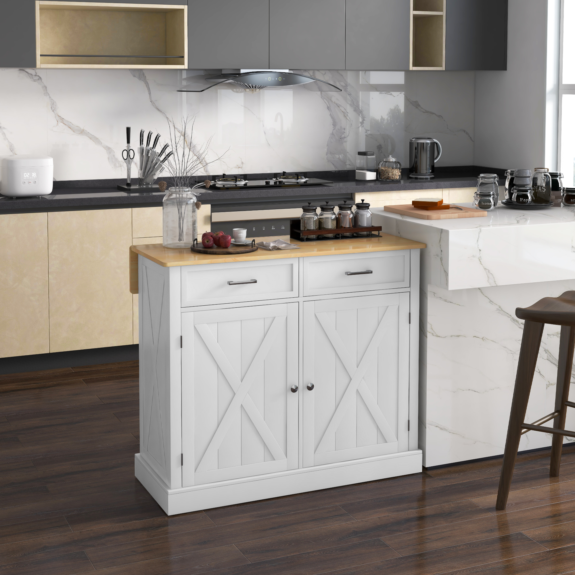 Rolling Kitchen Island with Drop Leaf Wood Breakfast Bar view 4