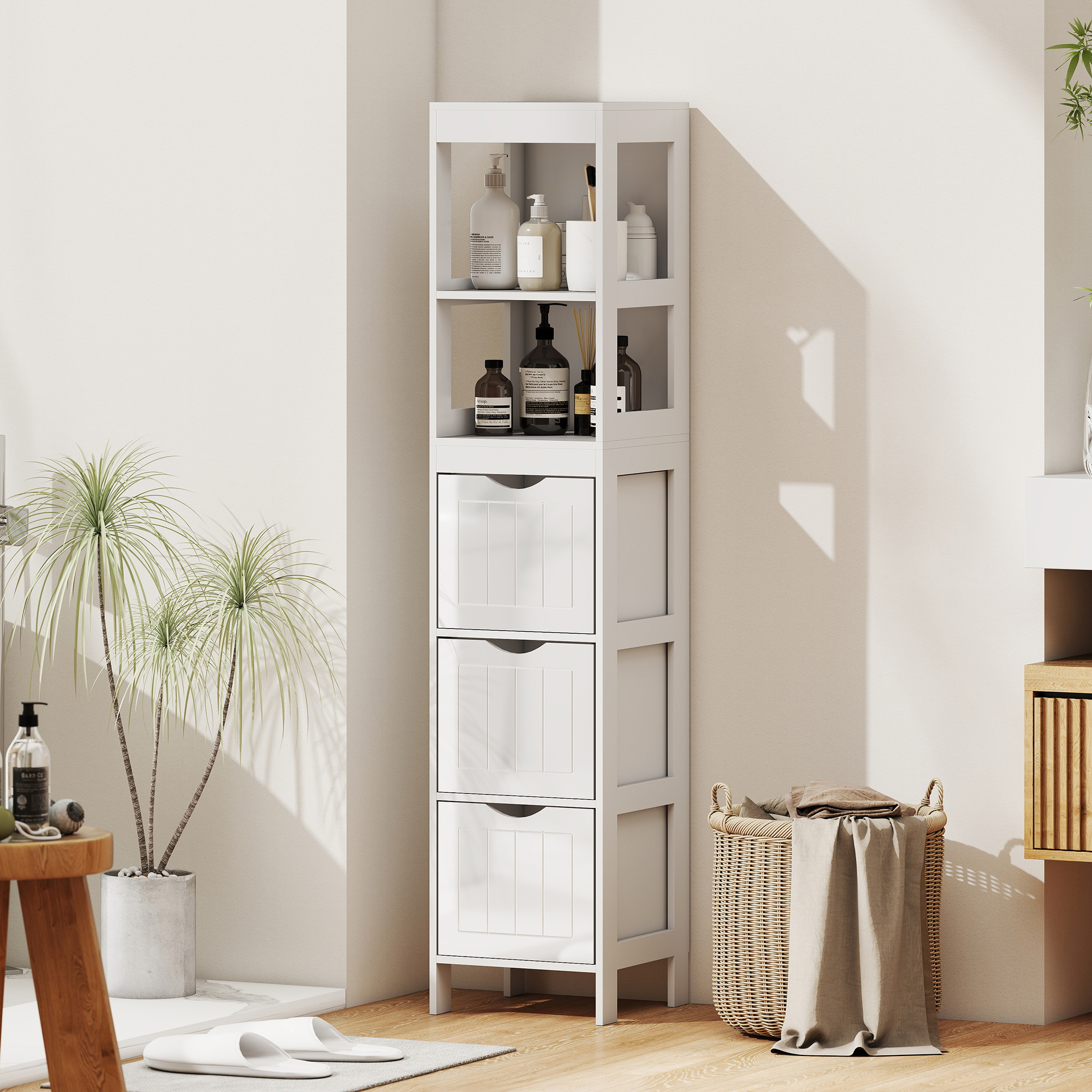  Narrow Bathroom Storage Cabinet, Bathroom Cabinet with 3 Drawers & 2 Open Shelves, Slim Bathroom Floor Cabinet, White
