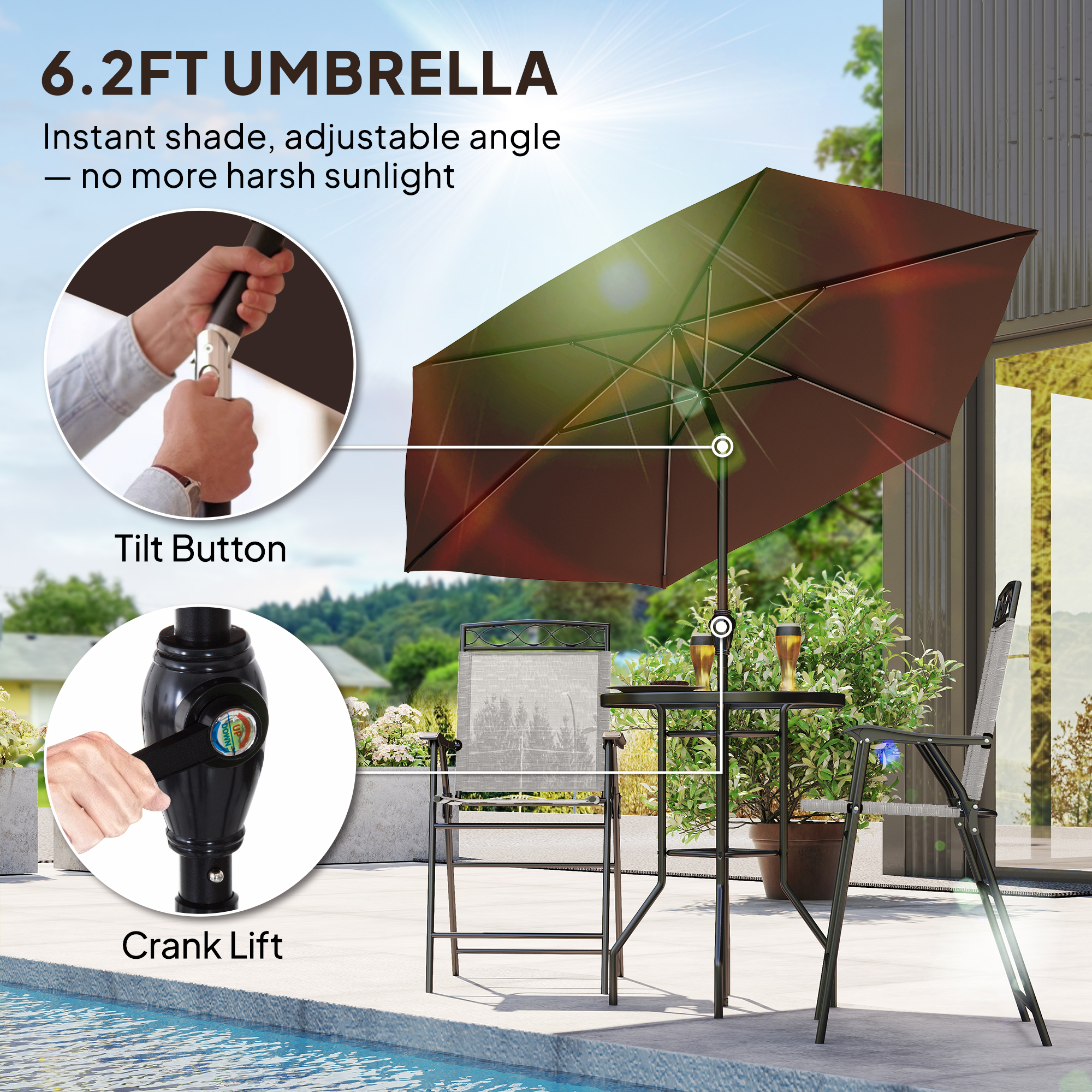 4 Piece Outdoor Bar Set with Umbrella, Patio Dining Set with 2 Folding Chairs, Wave Textured Tempered Glass Table for Backyard, Garden, Deck, Poolside, Beige - Image 5