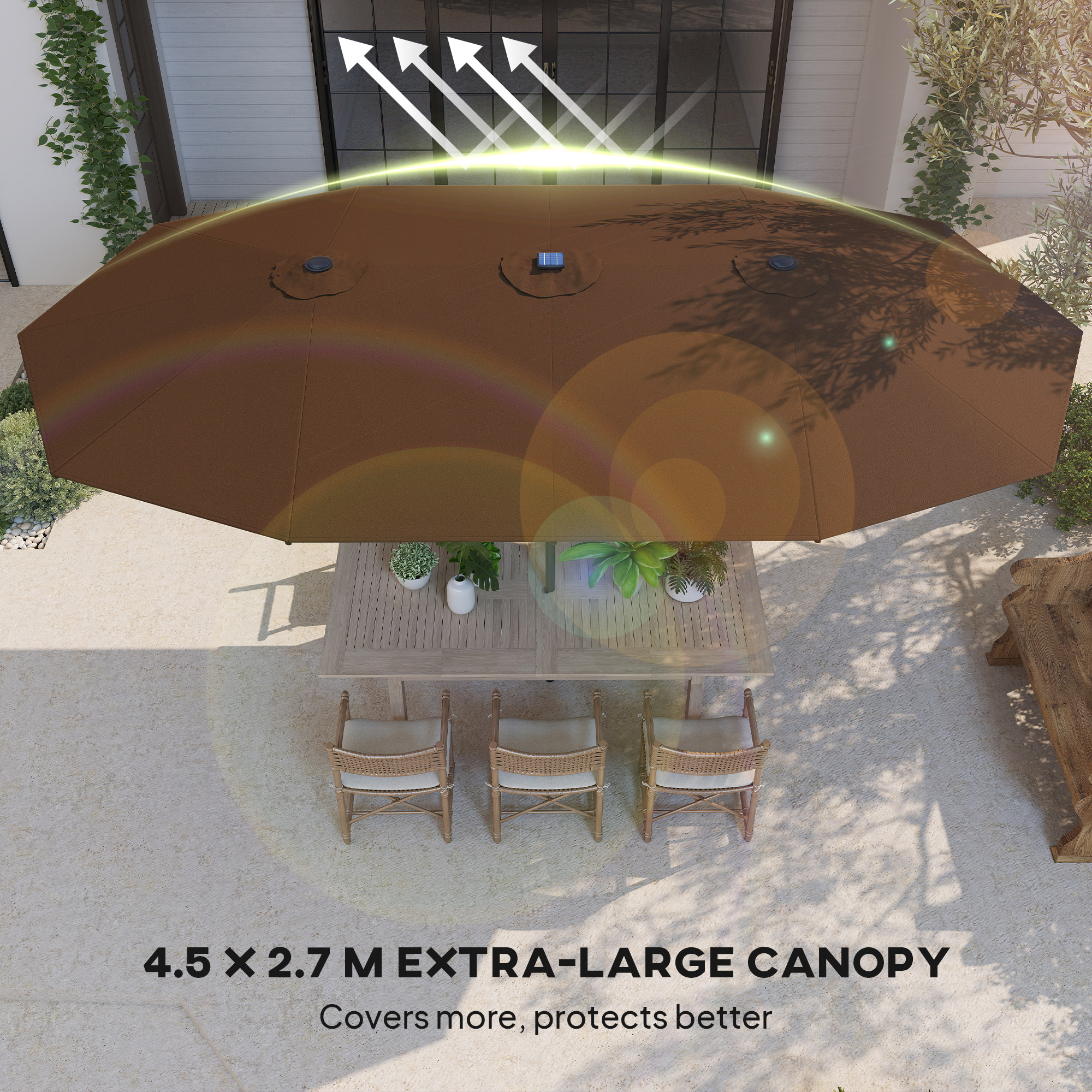 Garden Parasol, Double-Sided Sun Umbrella with LED Solar Lights, Patio Parasol for Outdoor, Coffee - 5