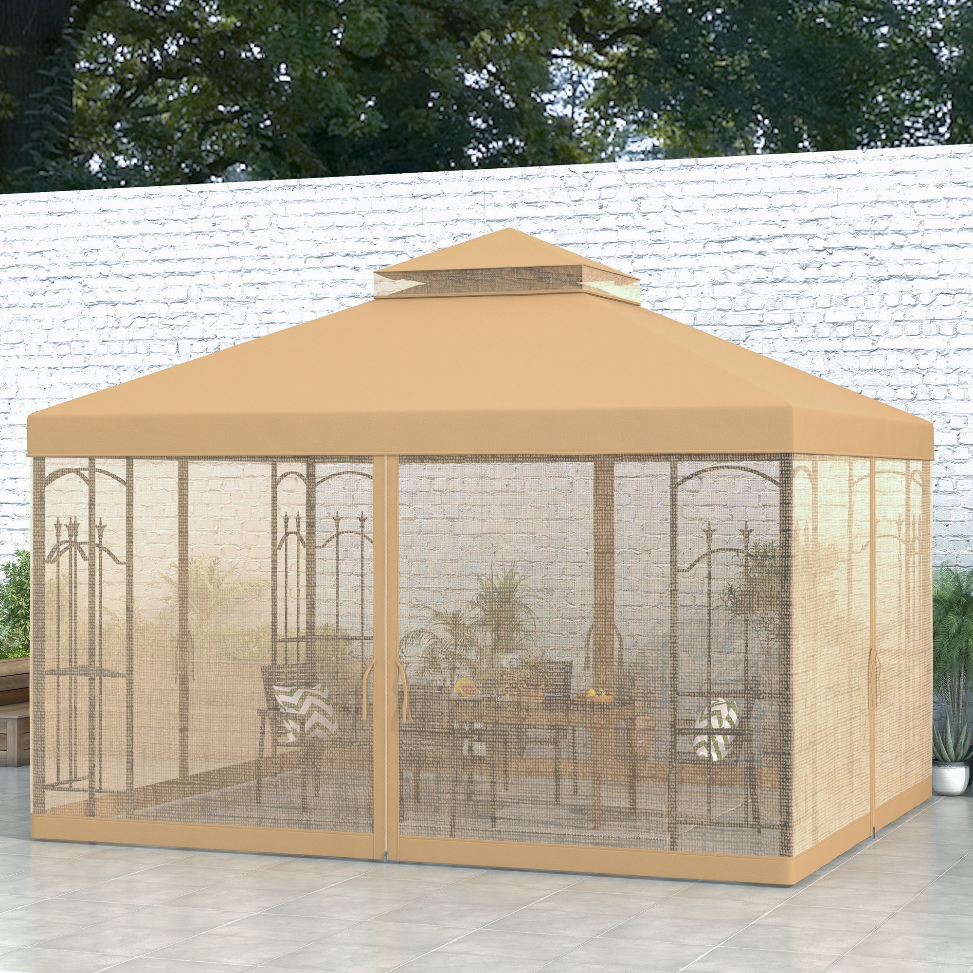10 x 12 Patio Gazebo with Corner Frame Shelves, Double Roof Outdoor Gazebo Canopy Shelter with Netting, Brown