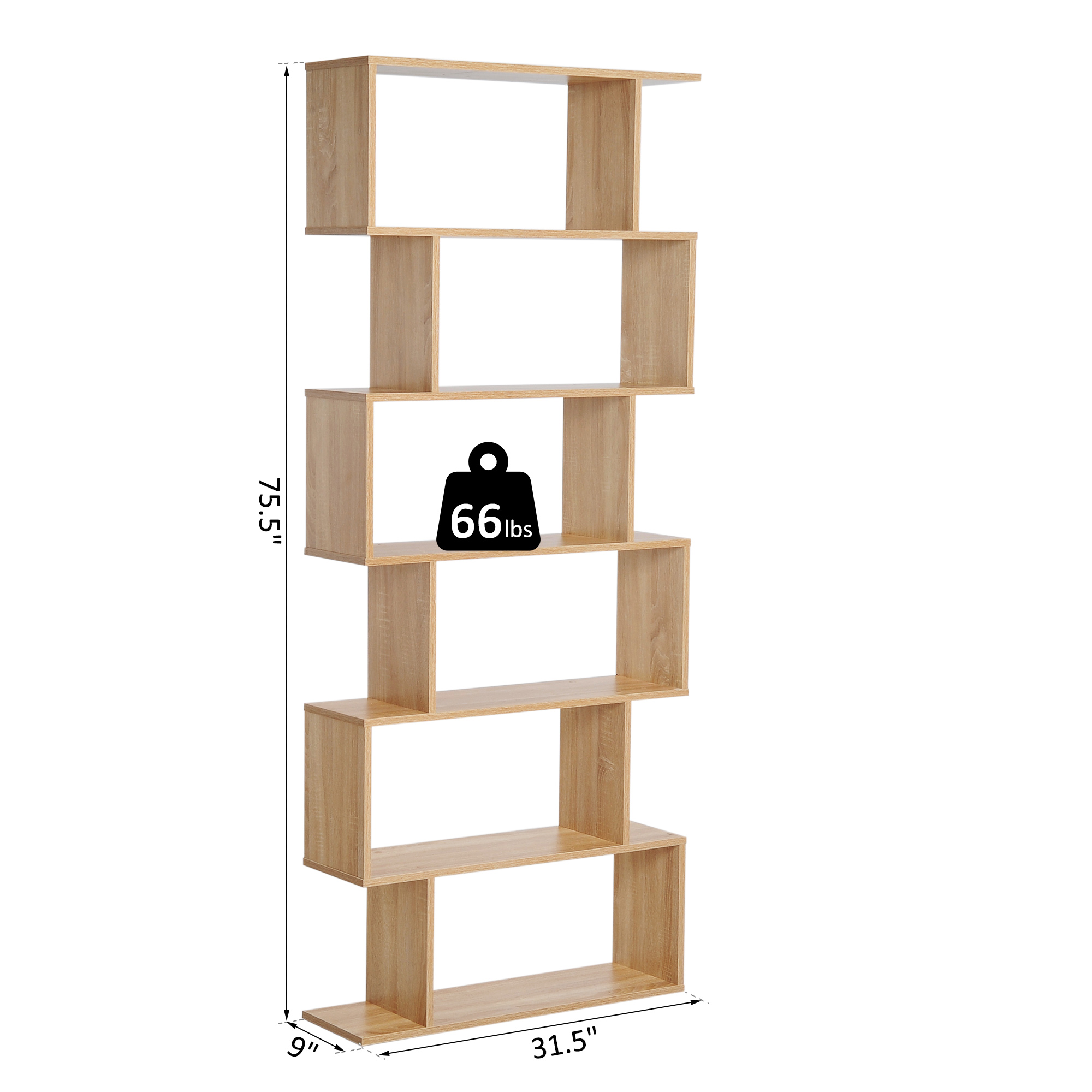 75.5" H Bookcase 6 Shelf S-Shaped Bookshelf Wooden Storage Display Stand Shelf Organizer Free Standing, Oak