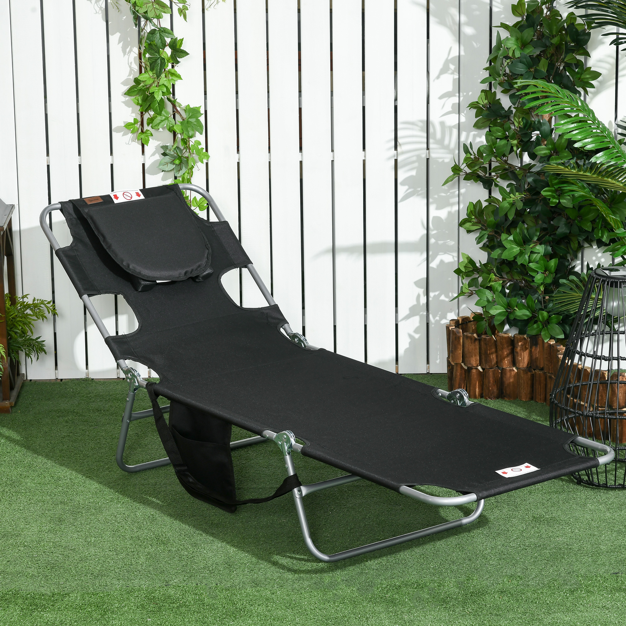 Tanning Chair with Face Hole, 5-Level Adjustable Outdoor Chaise Lounge Chair with Pillow for Beach, Pool, Black