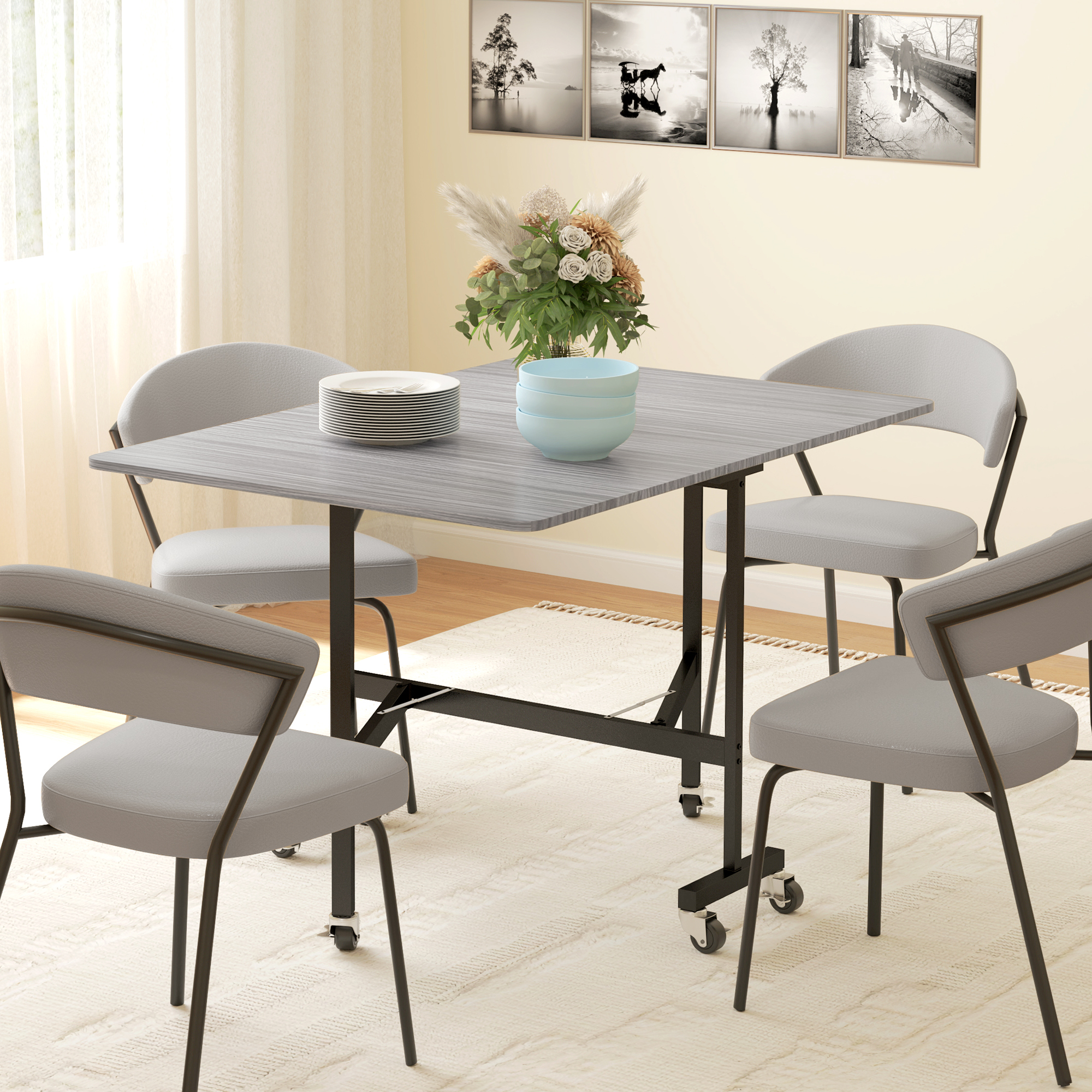 Six-Seater Drop-Leaf Dining Table, With Wheels - Grey Wood-Effect — image 2